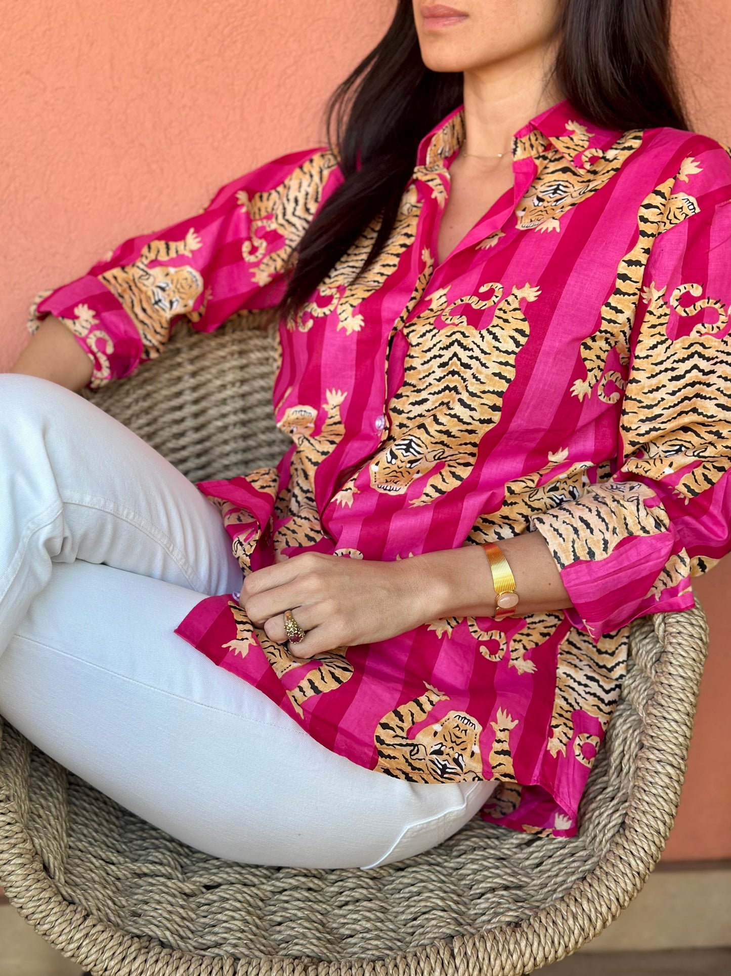 Camicia in cotone organico - Tigre Tibetana su righe