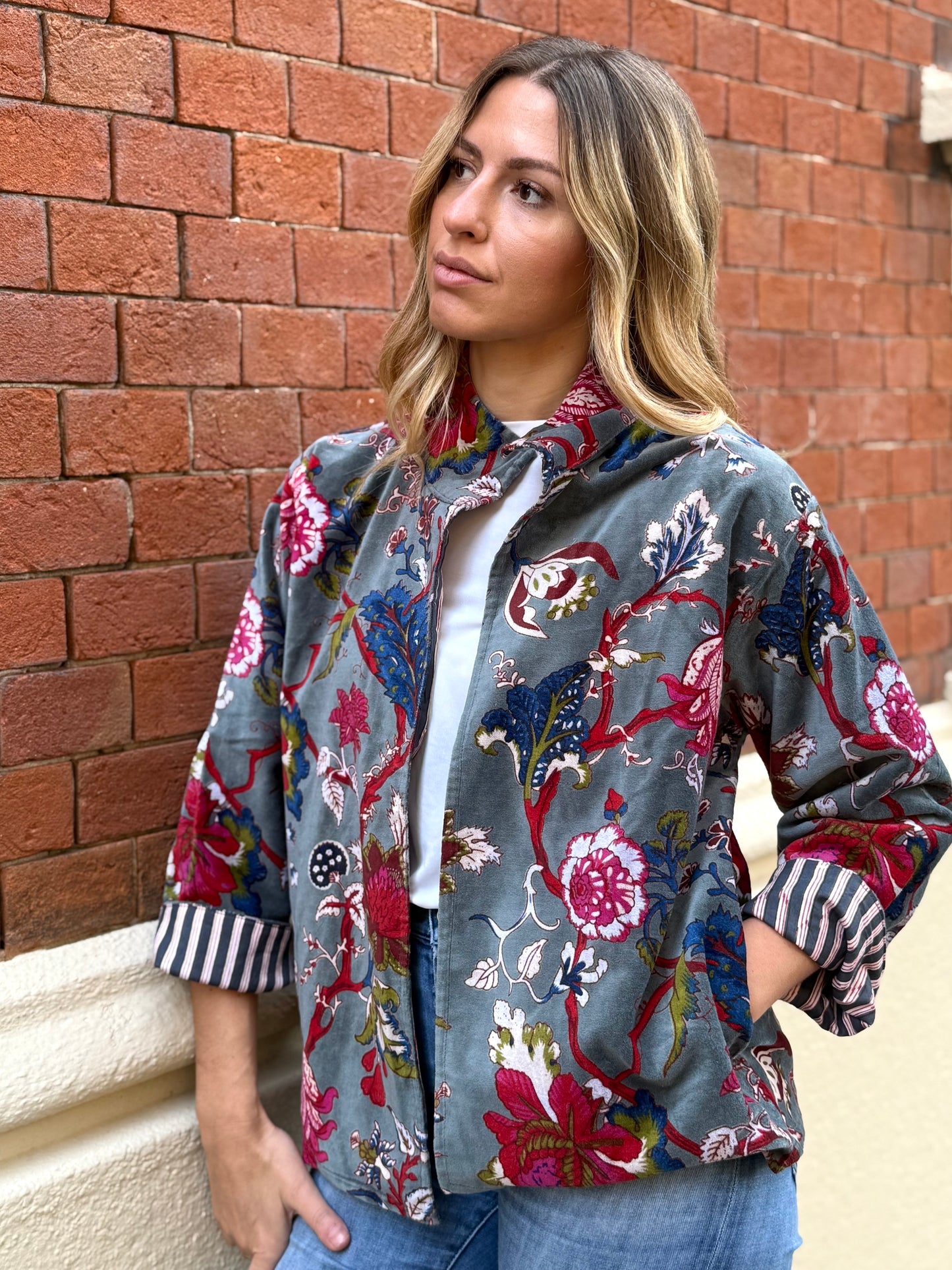 Velvet Kimono Jacket - Gray/Teal One Size