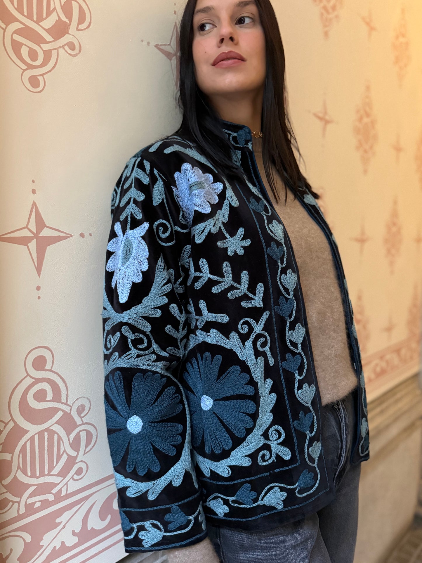 Velvet Suzani Embroidered Jacket - Black Small