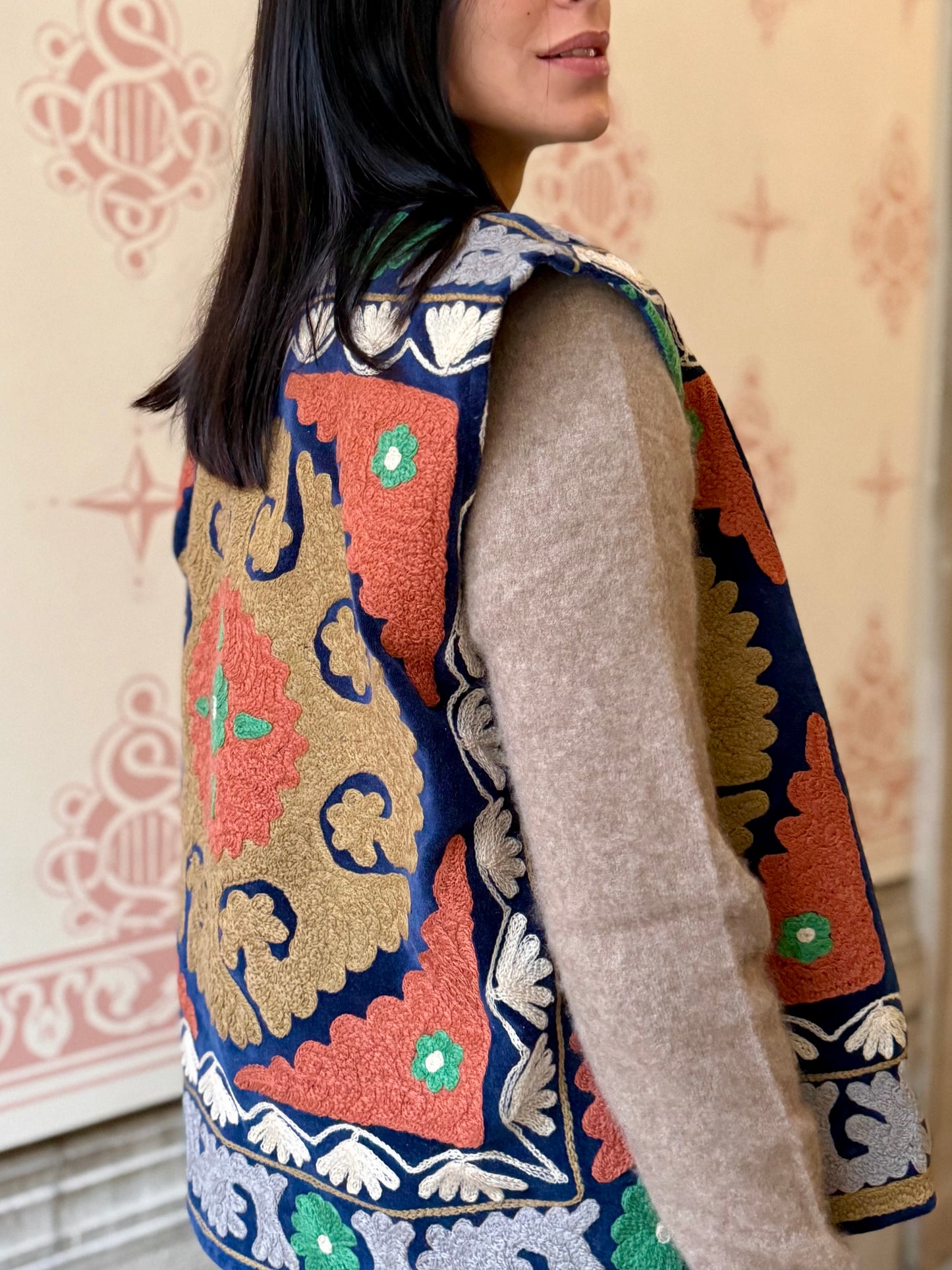 Cotton Embroidered Suzani Vest - Blue One Size