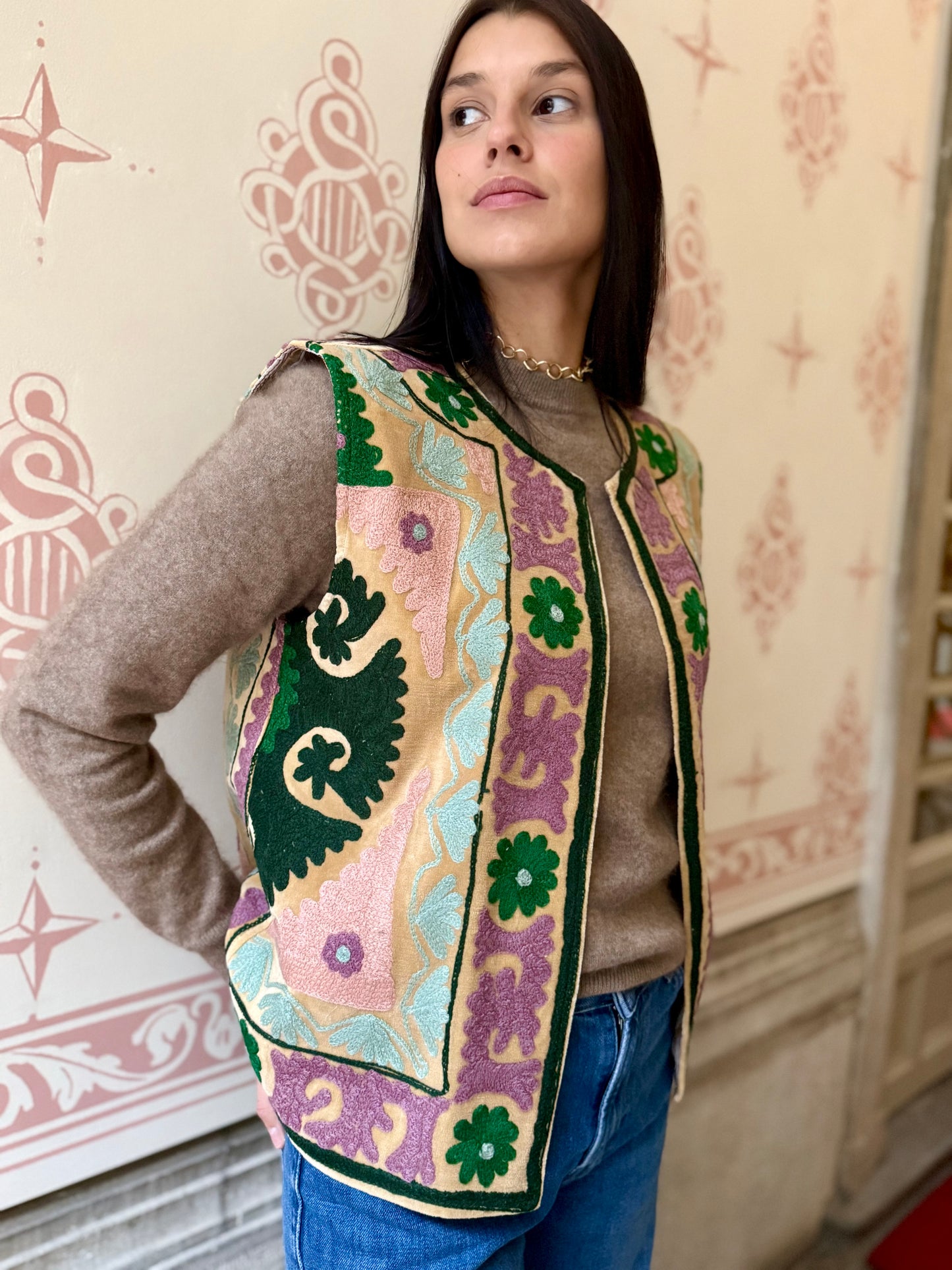 Cotton Embroidered Suzani Vest - Green Flower One Size