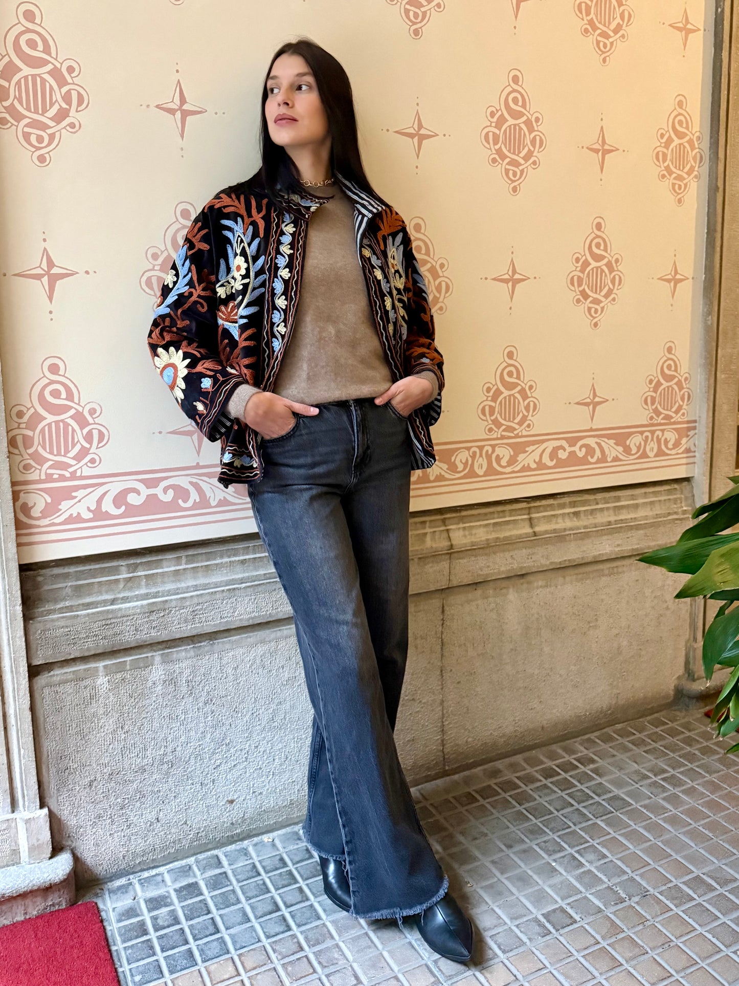Flame Velvet Suzani Embroidered Jacket - Black One Size