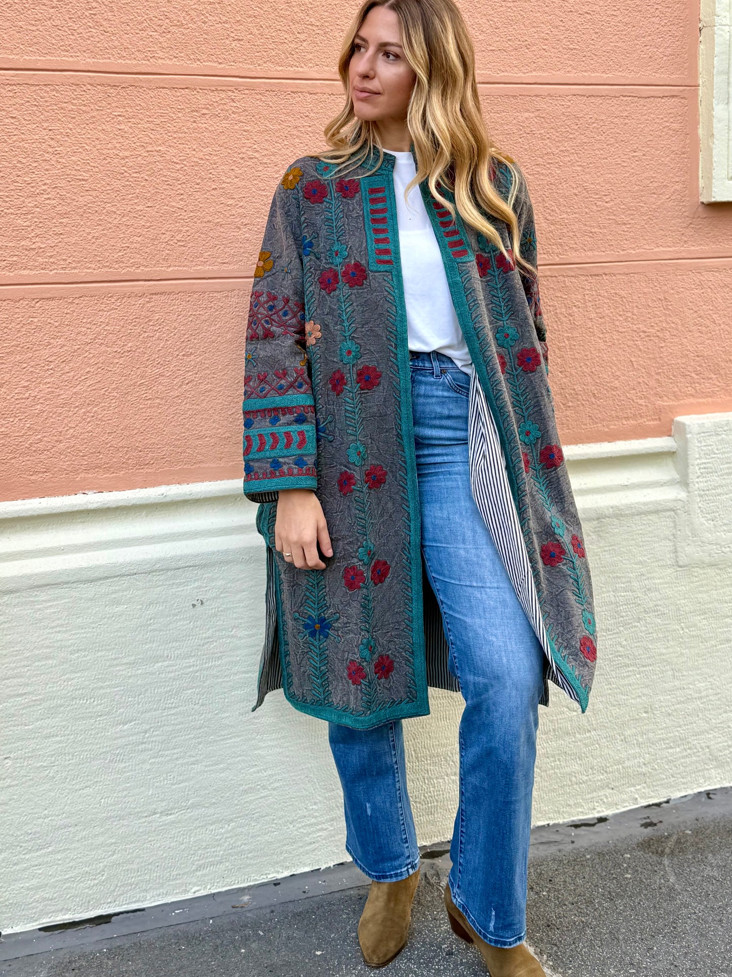 Embroidered Stone Washed Coat - One Size