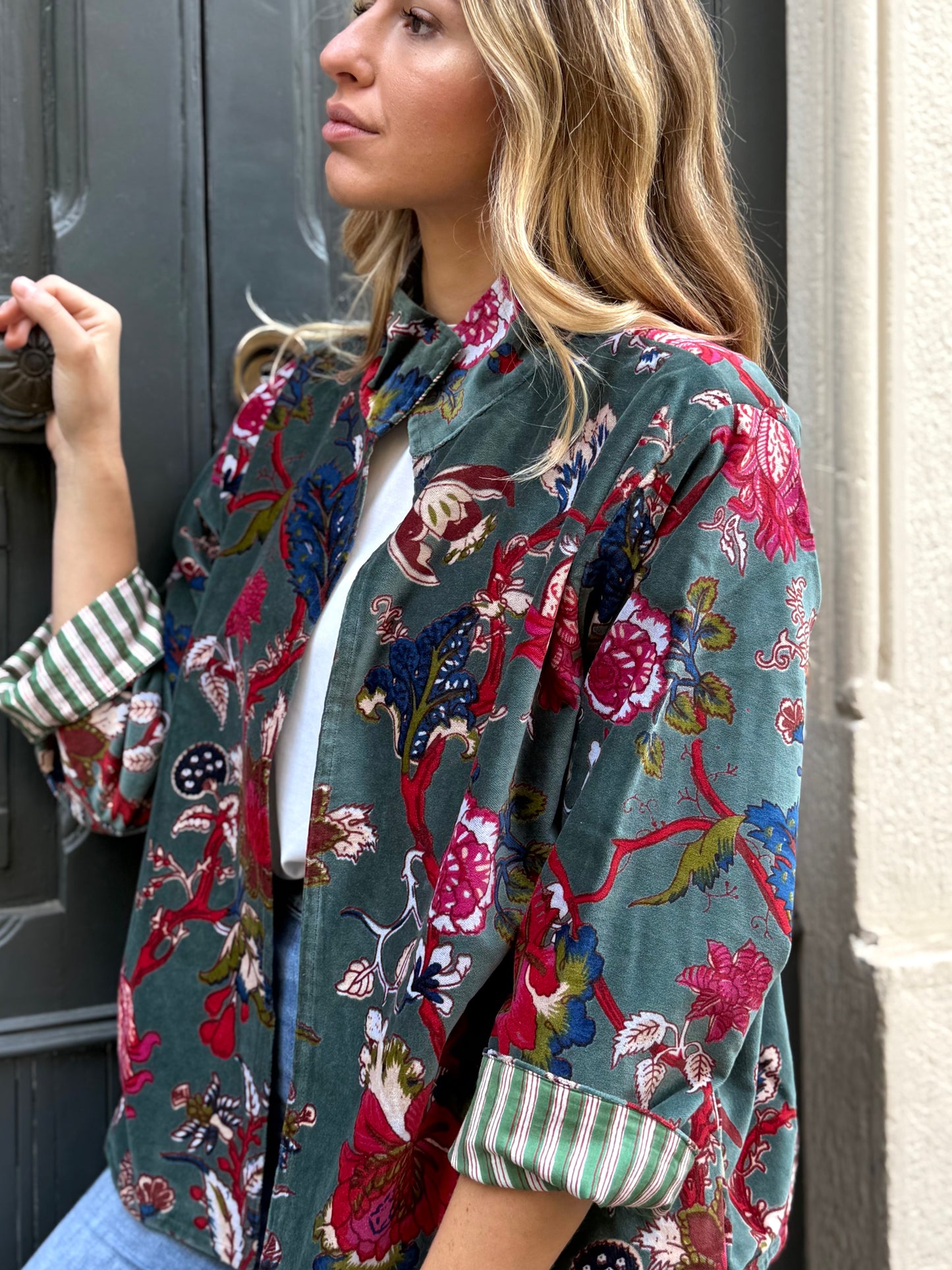 Velvet Kimono Jacket - Gray/Teal One Size