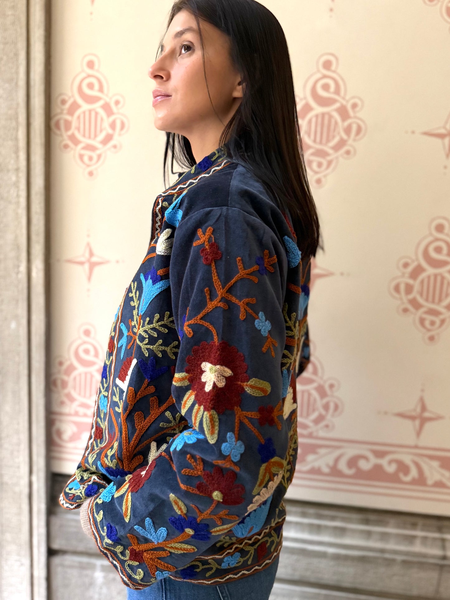 Velvet Suzani Embroidered Jacket - Grey One Size