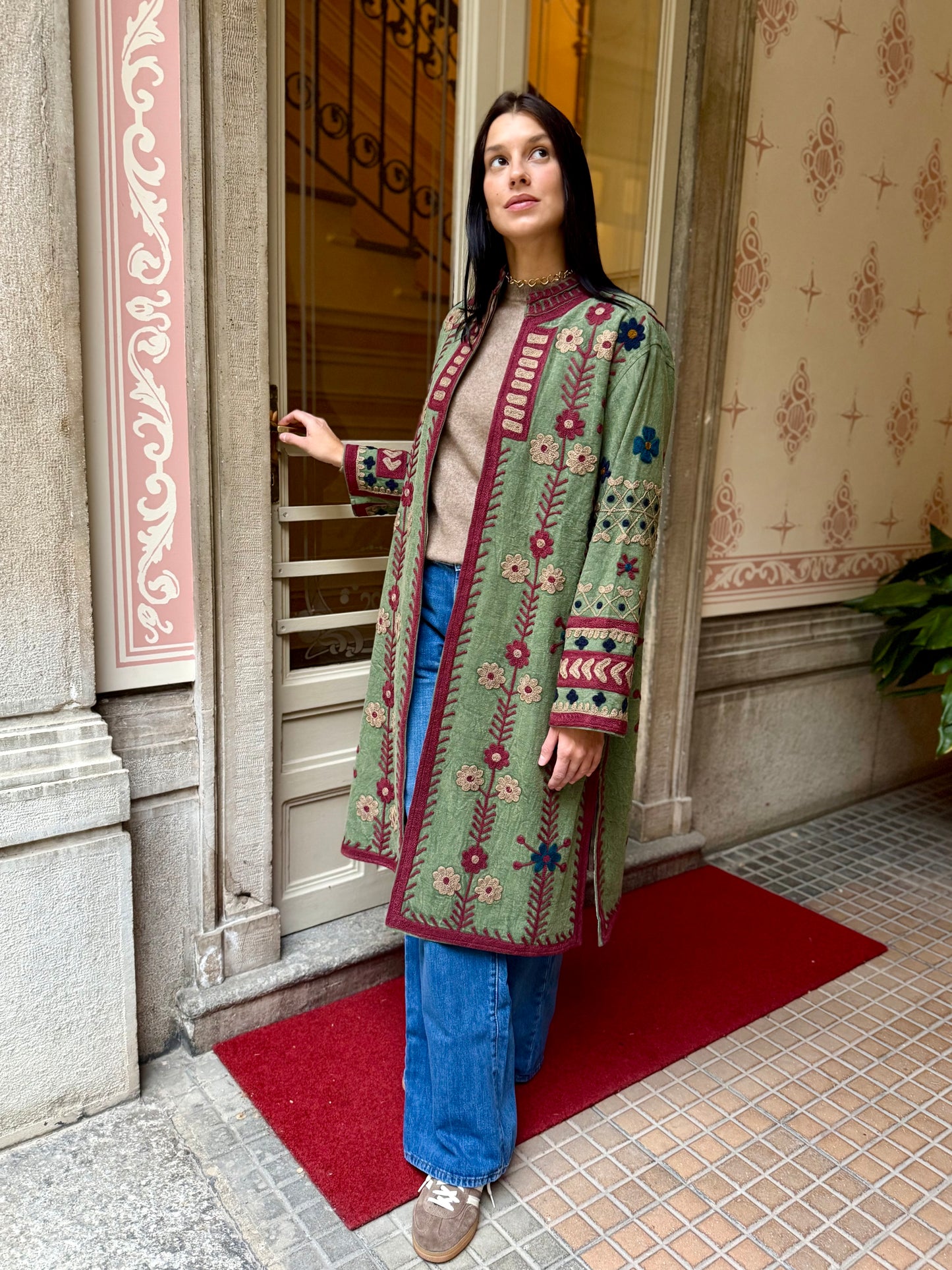 Embroidered Stone Washed Coat - One Size