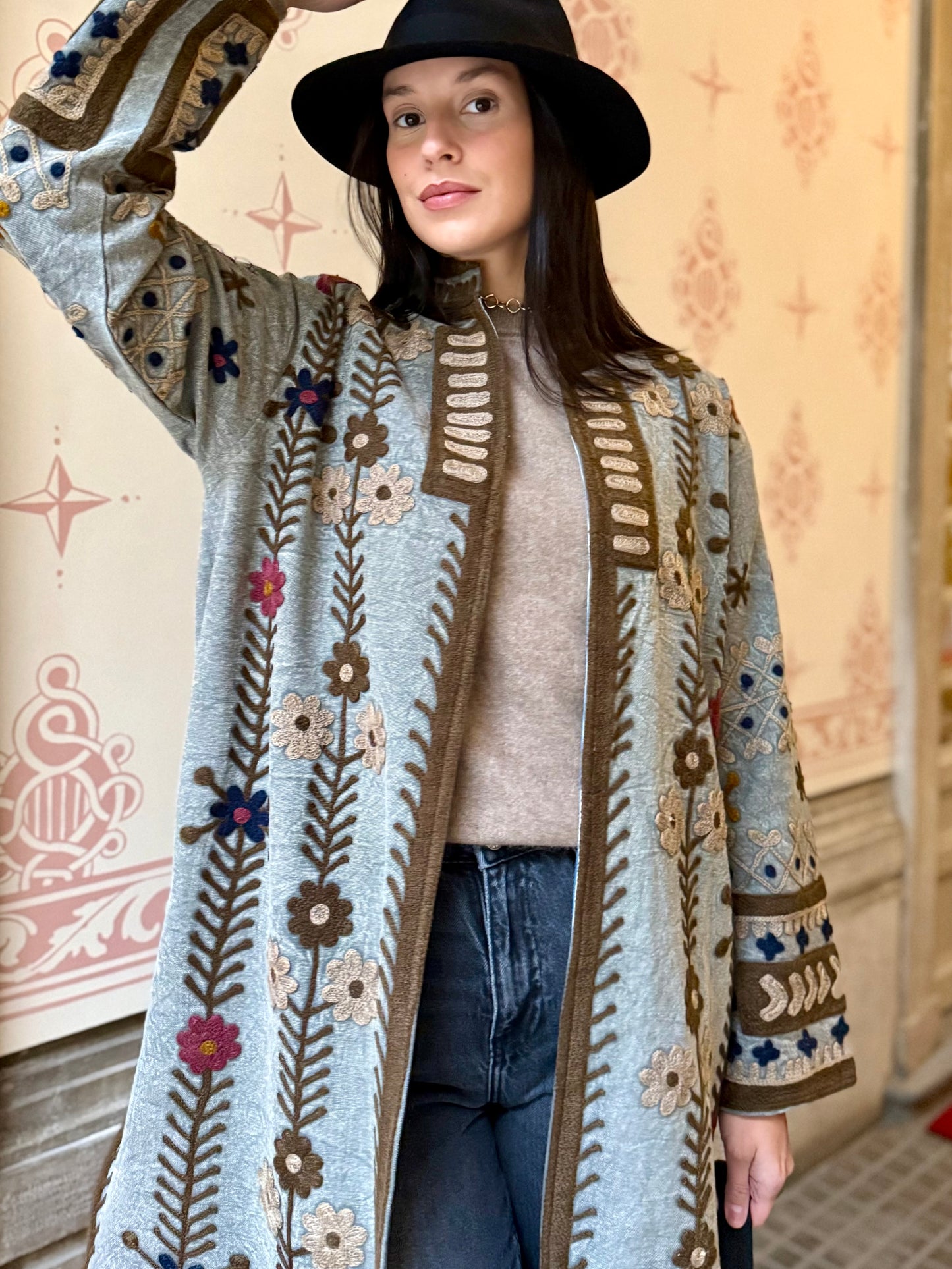 Embroidered Stone Washed Coat - One Size