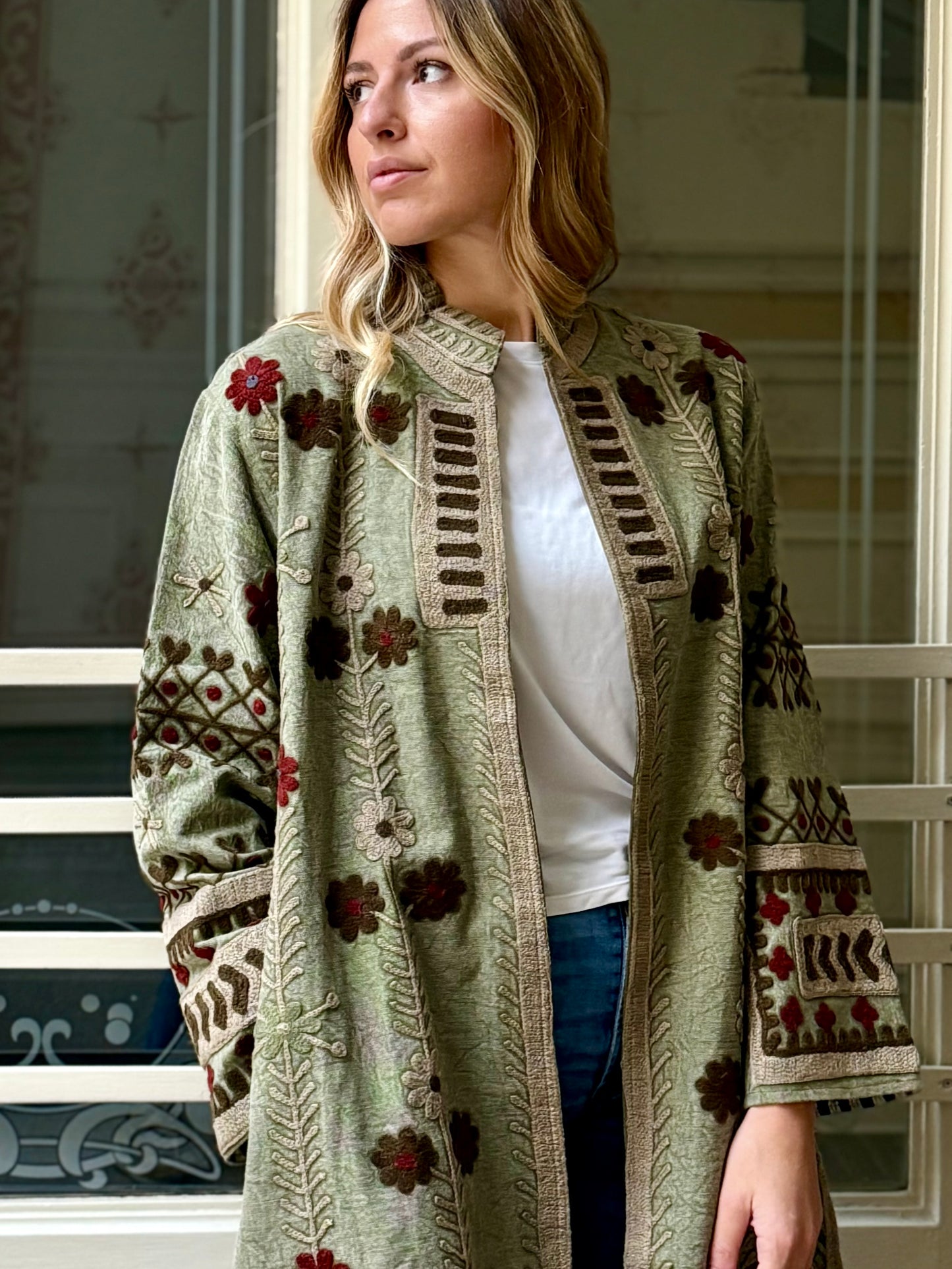 Embroidered Stone Washed Coat - One Size