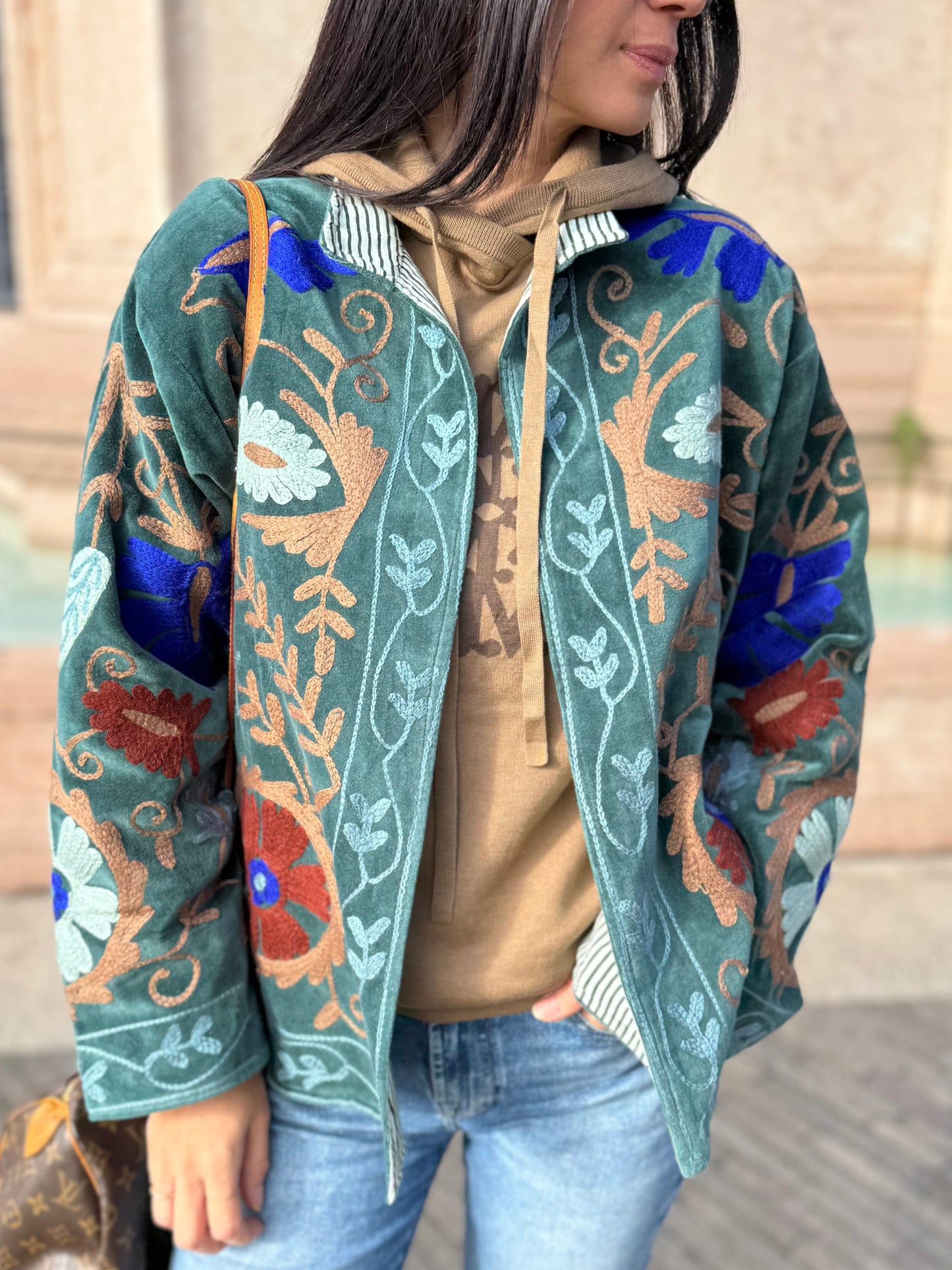 Velvet Suzani Embroidered Jacket - Forest Green One Size