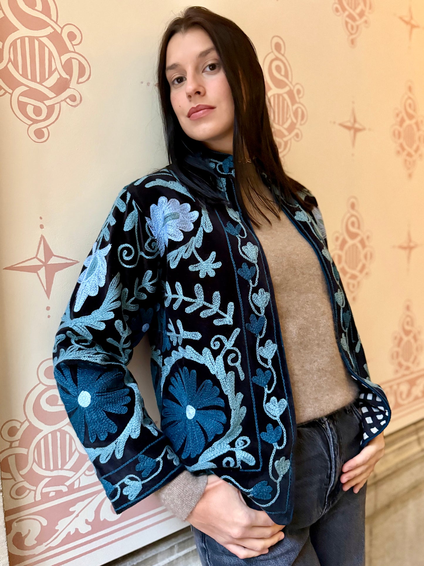 Velvet Suzani Embroidered Jacket - Black Small