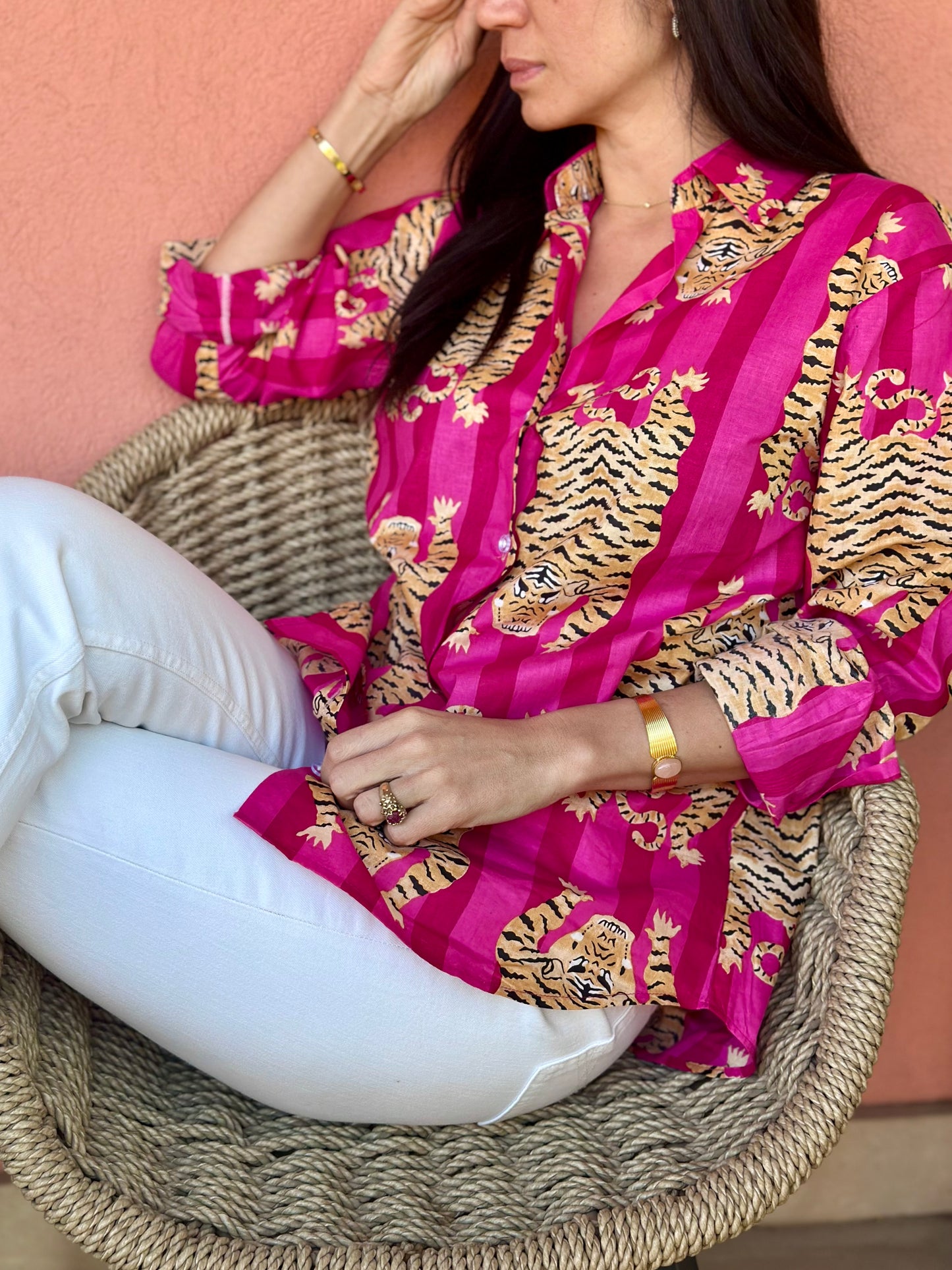 Camicia in cotone organico - Tigre Tibetana su righe