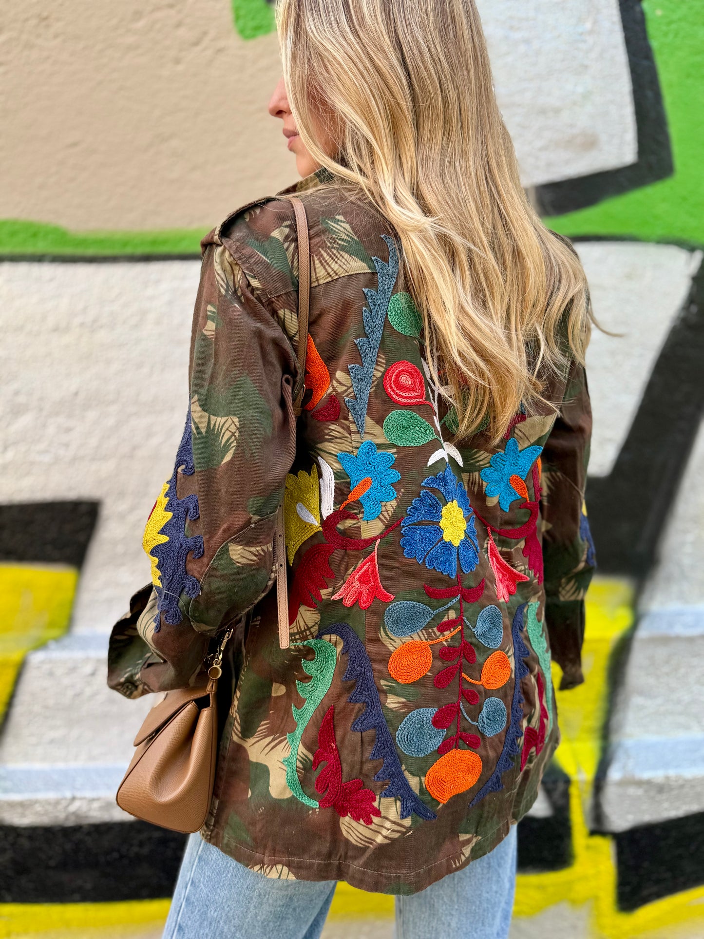 Vintage Army Jacket hand embroidered - Rose