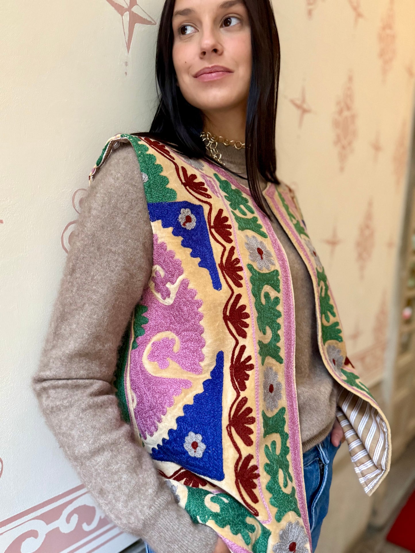 Cotton Embroidered Suzani Vest - Green Flower One Size