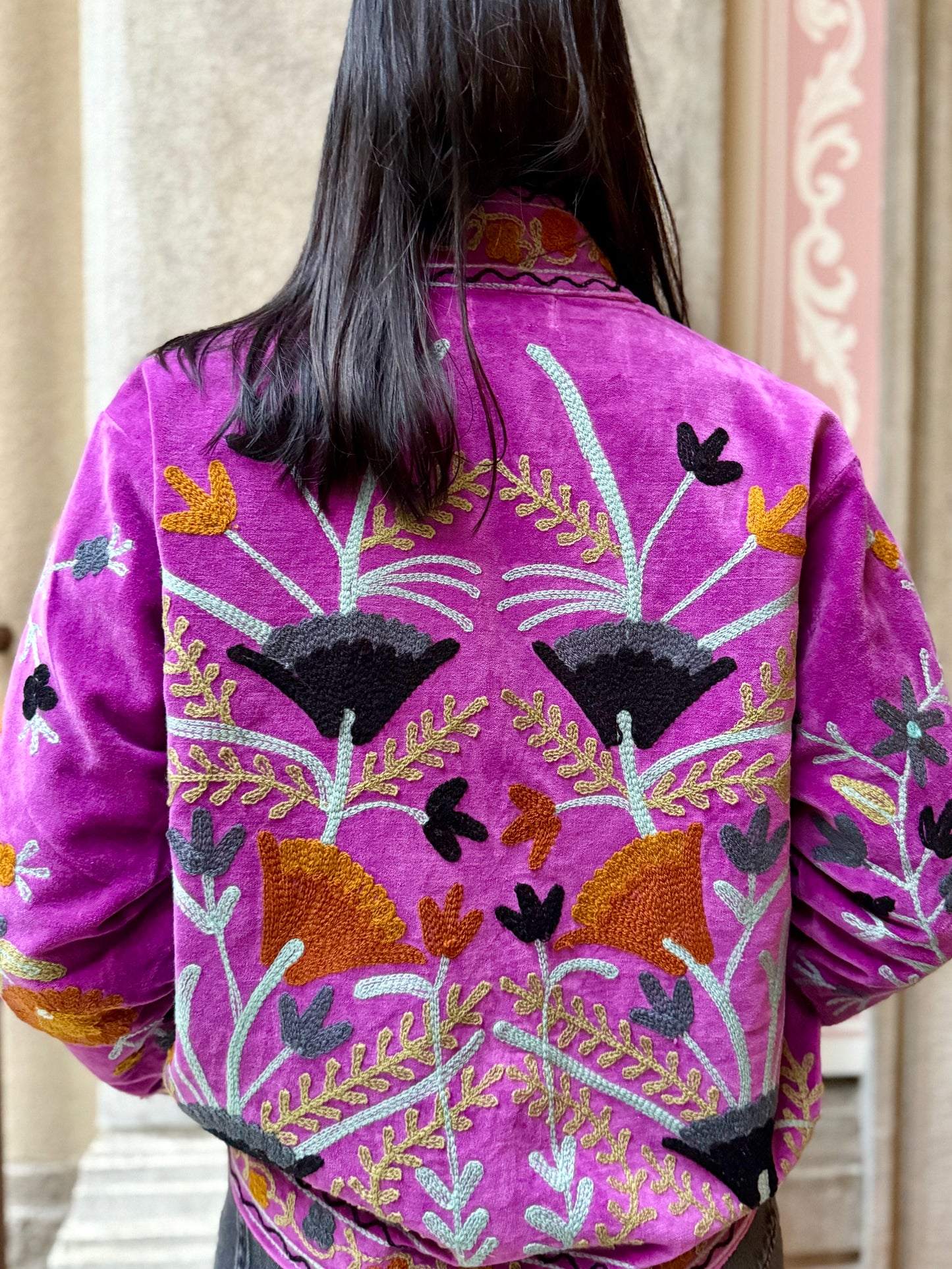 Suzani Giacca Kimono in velluto ricamata - Ciclamino