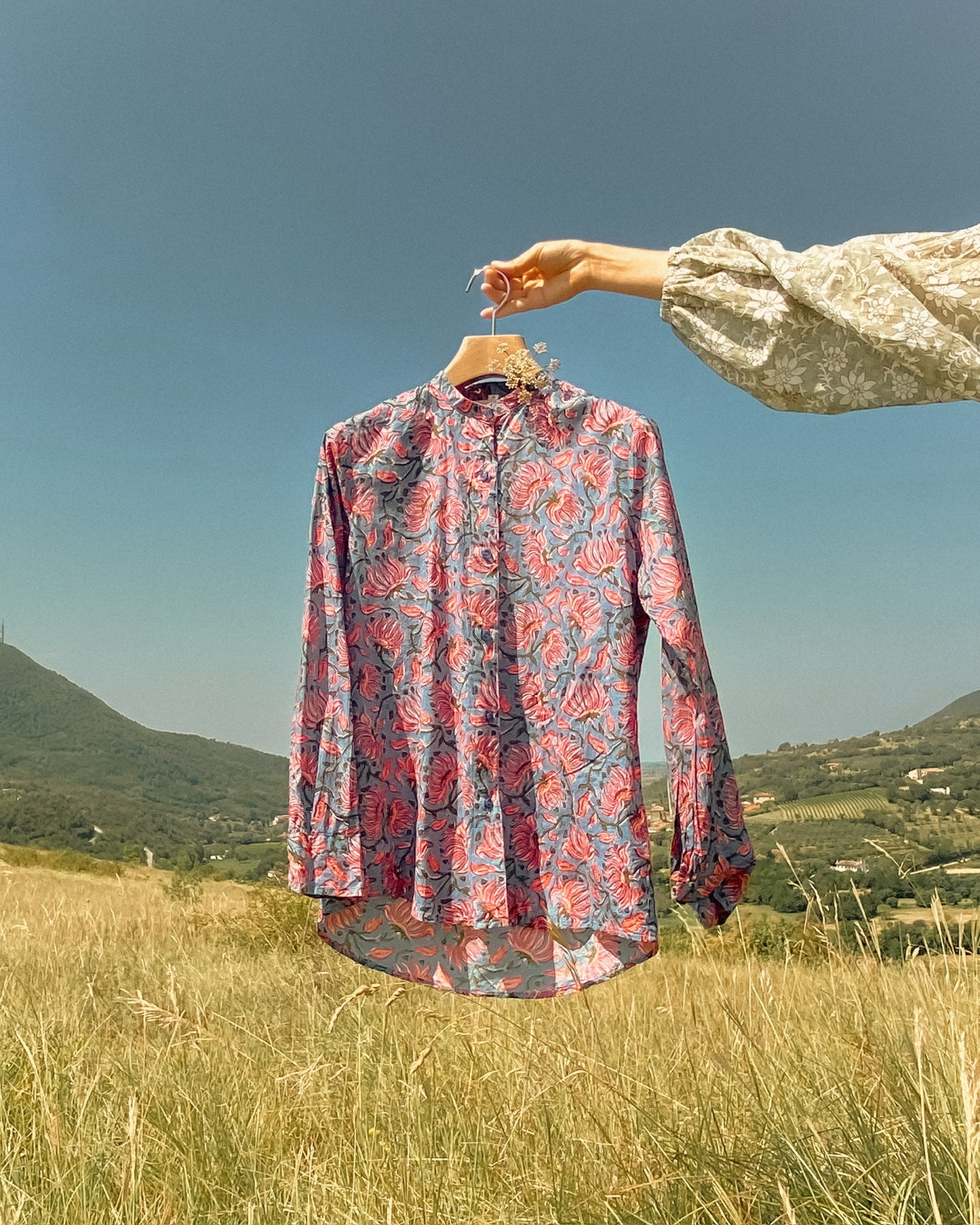 Pink Camelia Cotton Shirt - Blue