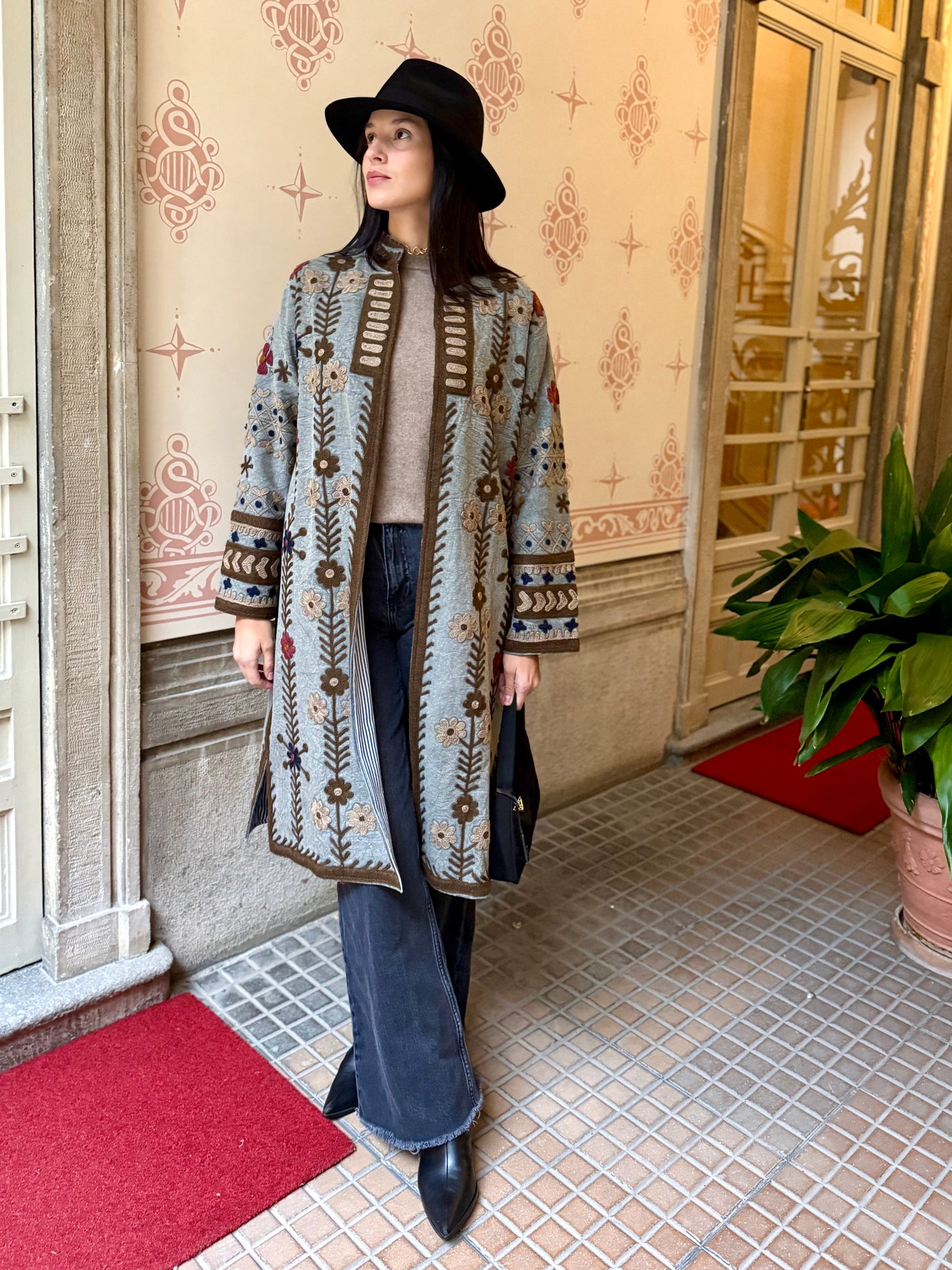 Embroidered Stone Washed Coat - One Size