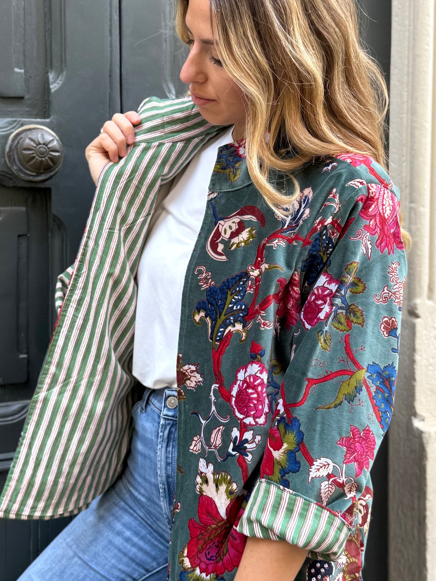 Velvet Kimono Jacket - Gray/Teal One Size