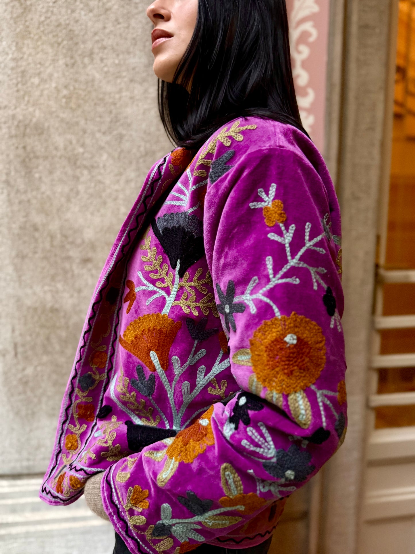 Suzani Giacca Kimono in velluto ricamata - Ciclamino