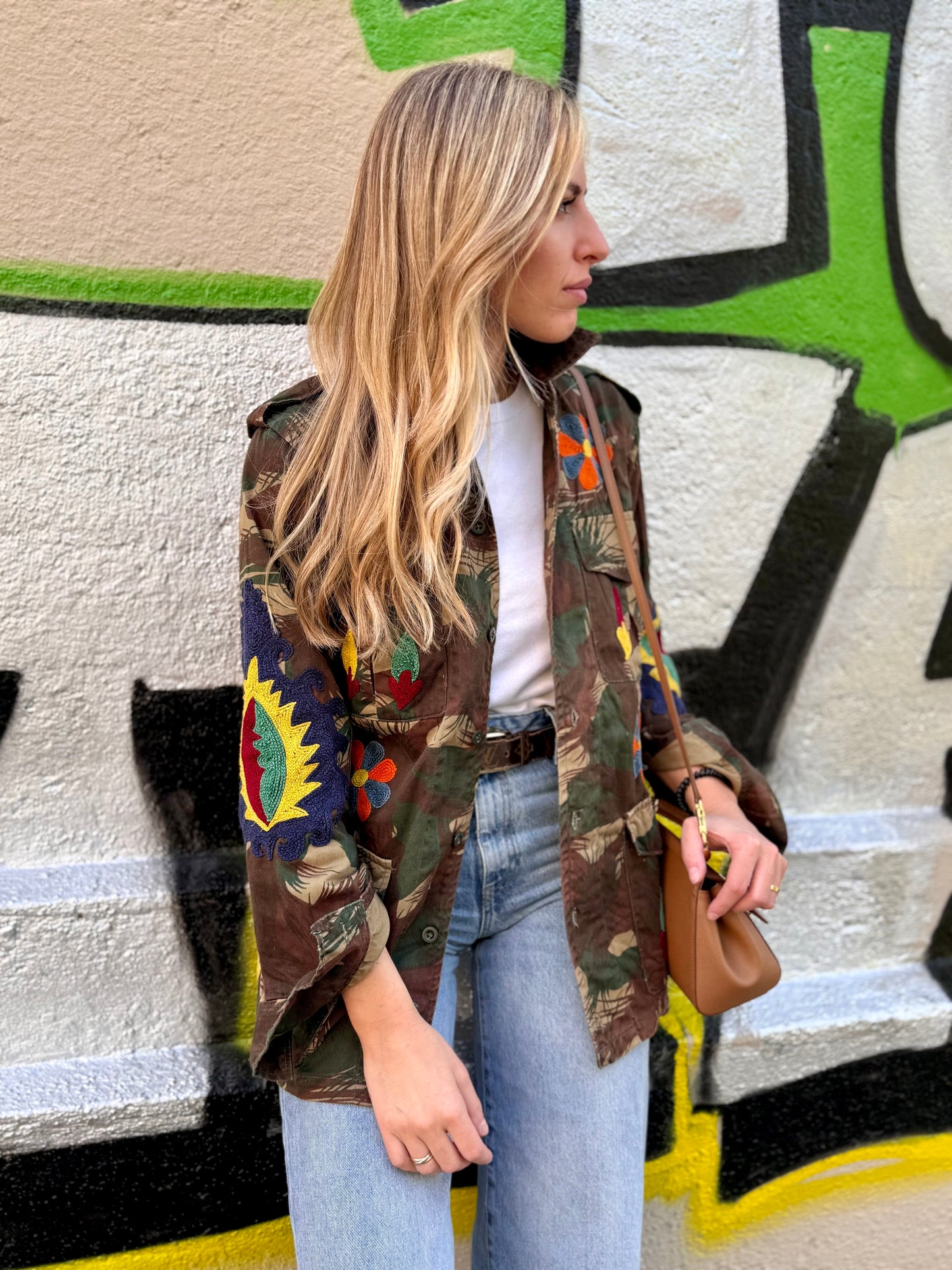 Vintage Army Jacket hand embroidered - Rose