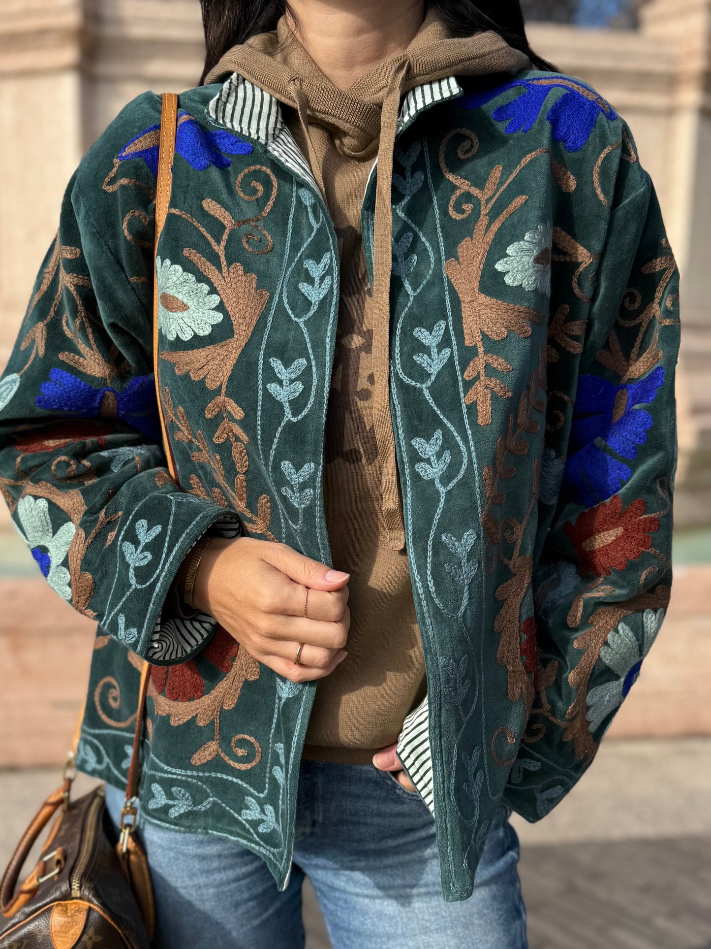 Velvet Suzani Embroidered Jacket - Forest Green One Size