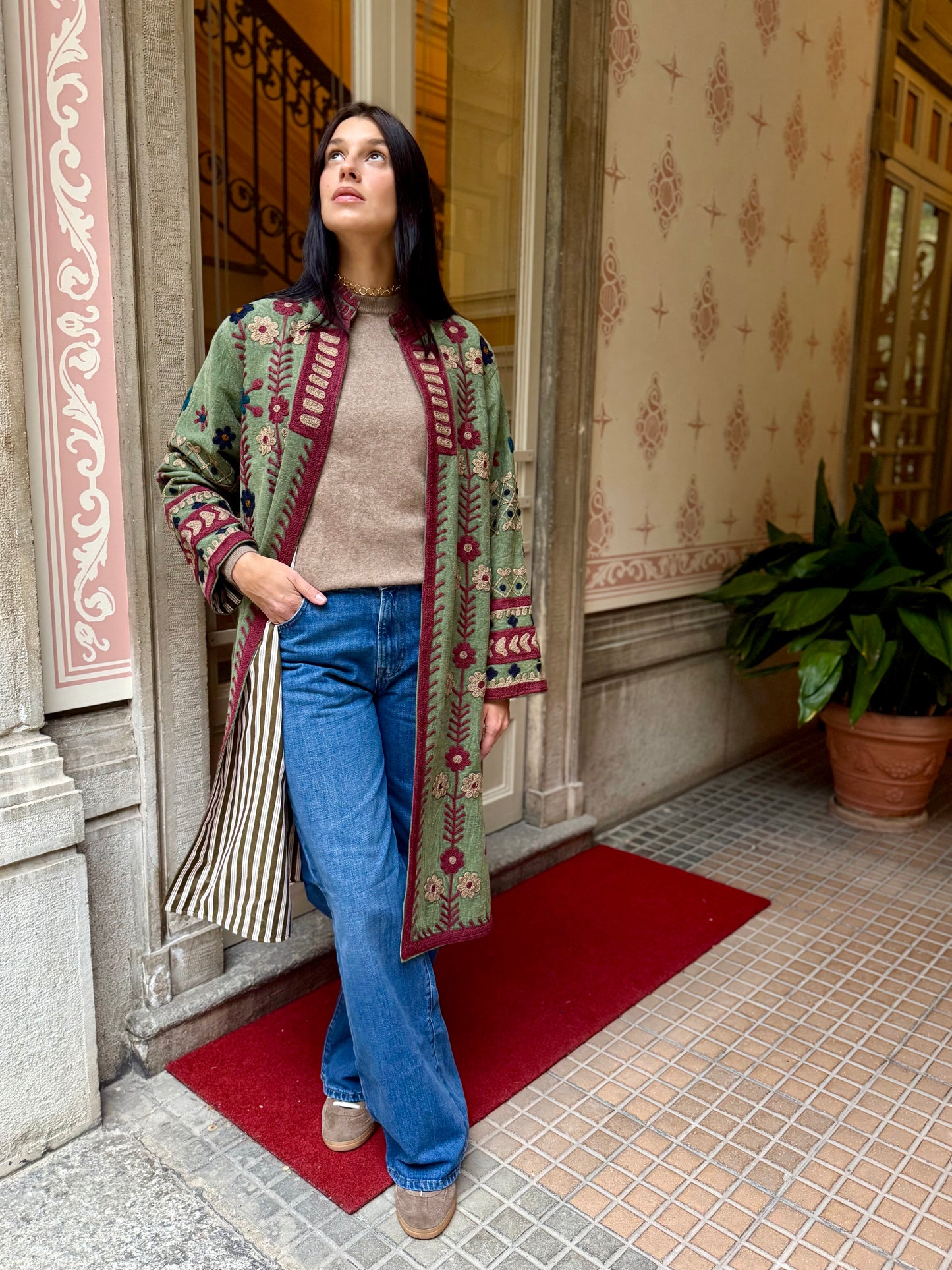 Embroidered Stone Washed Coat - One Size