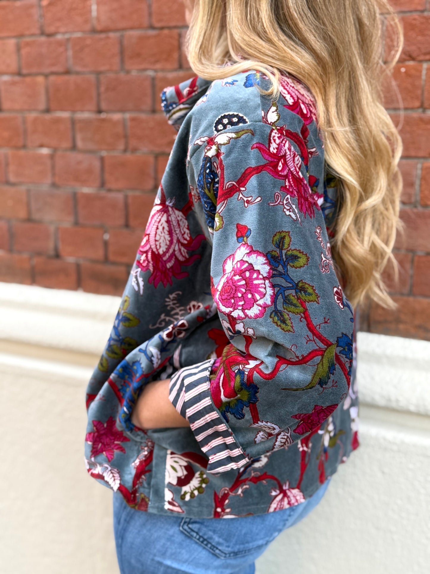 Velvet Kimono Jacket - Gray/Teal One Size