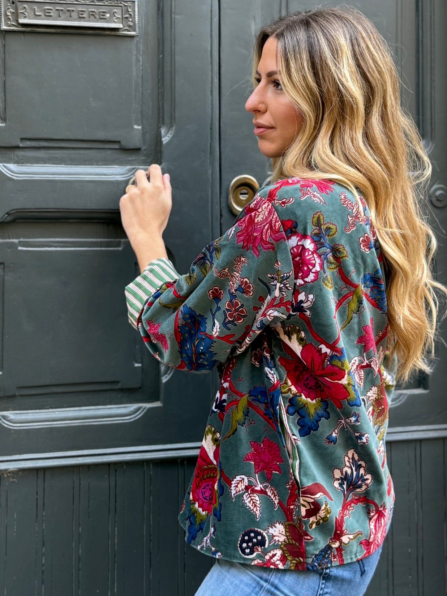 Velvet Kimono Jacket - Gray/Teal One Size