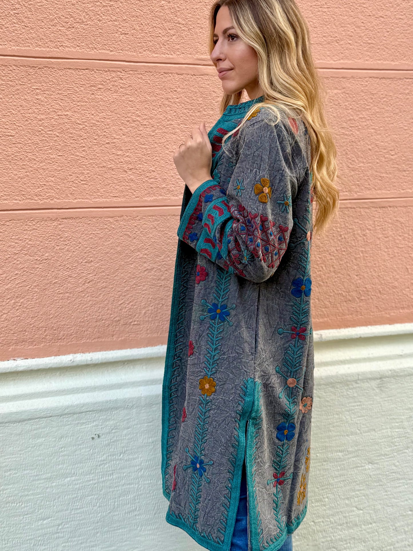 Embroidered Stone Washed Coat - One Size