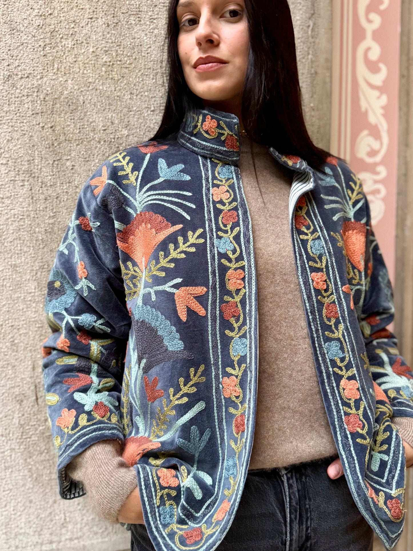 Velvet Suzani Embroidered Jacket - Grey One Size