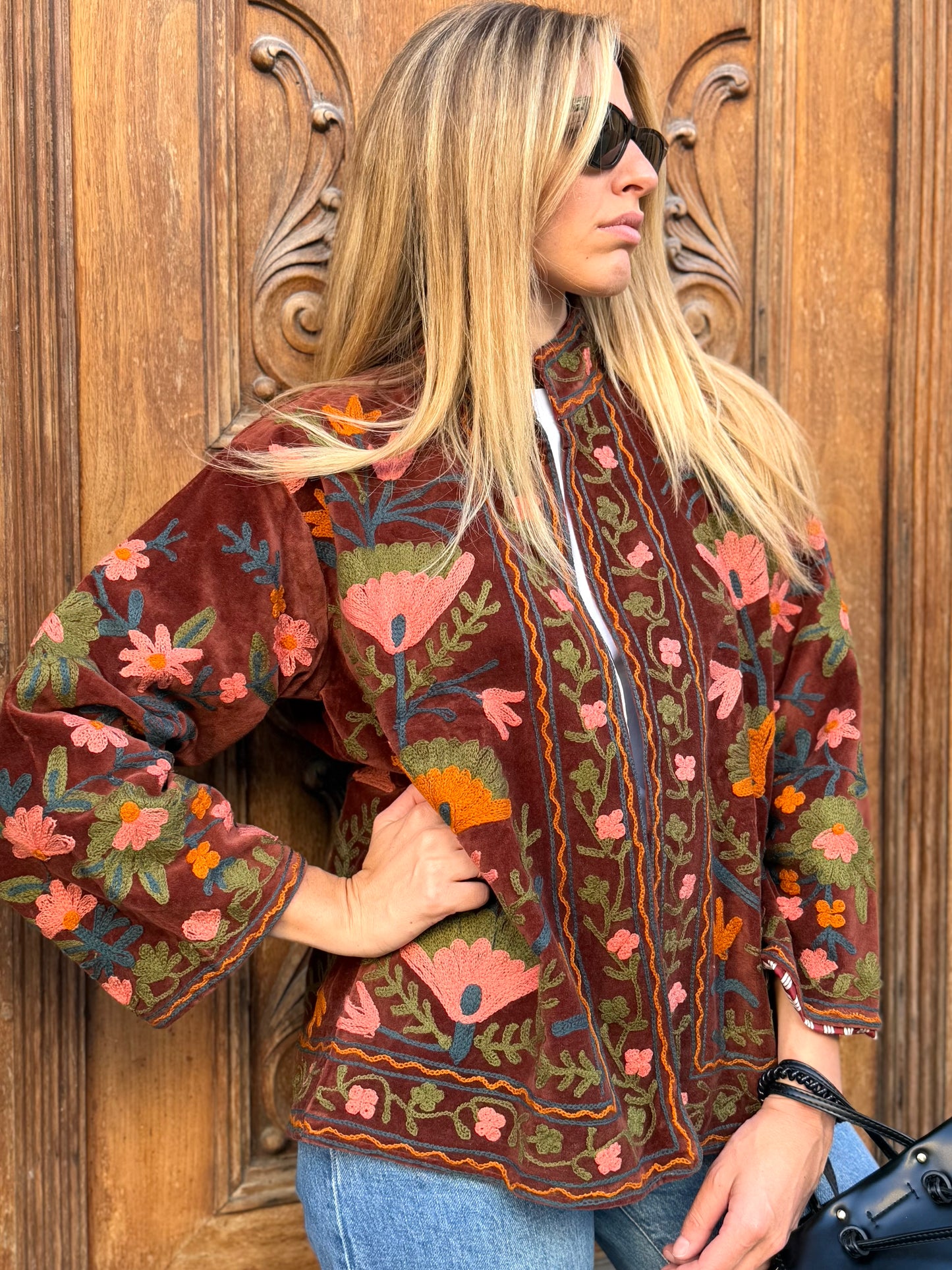 Velvet Suzani Embroidered Jacket - Brown