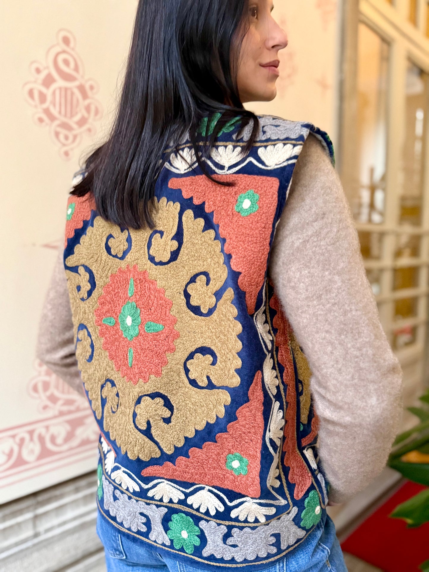 Cotton Embroidered Suzani Vest - Blue One Size