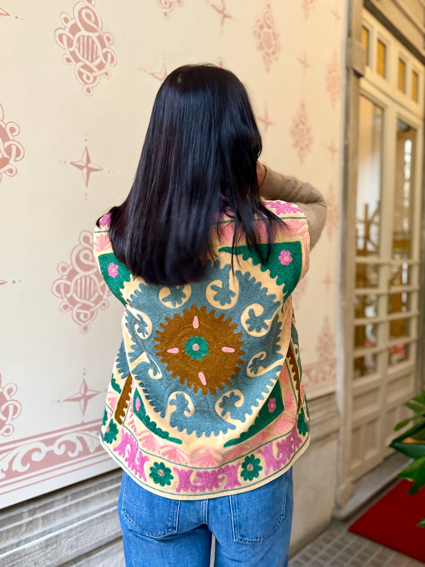 Cotton Embroidered Suzani Vest - Green Flower One Size