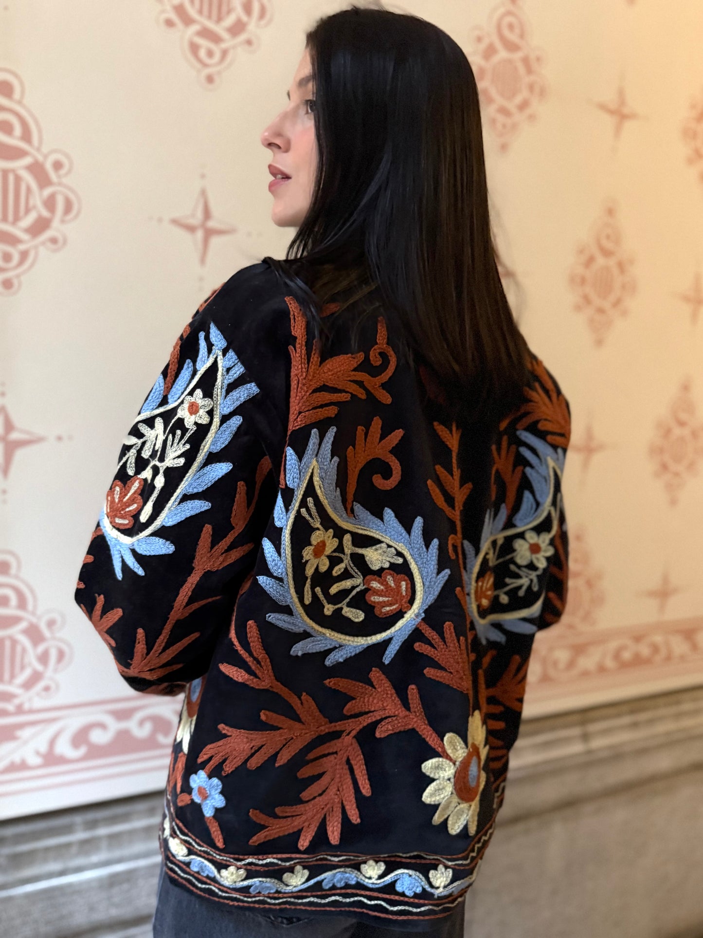 Flame Velvet Suzani Embroidered Jacket - Black One Size