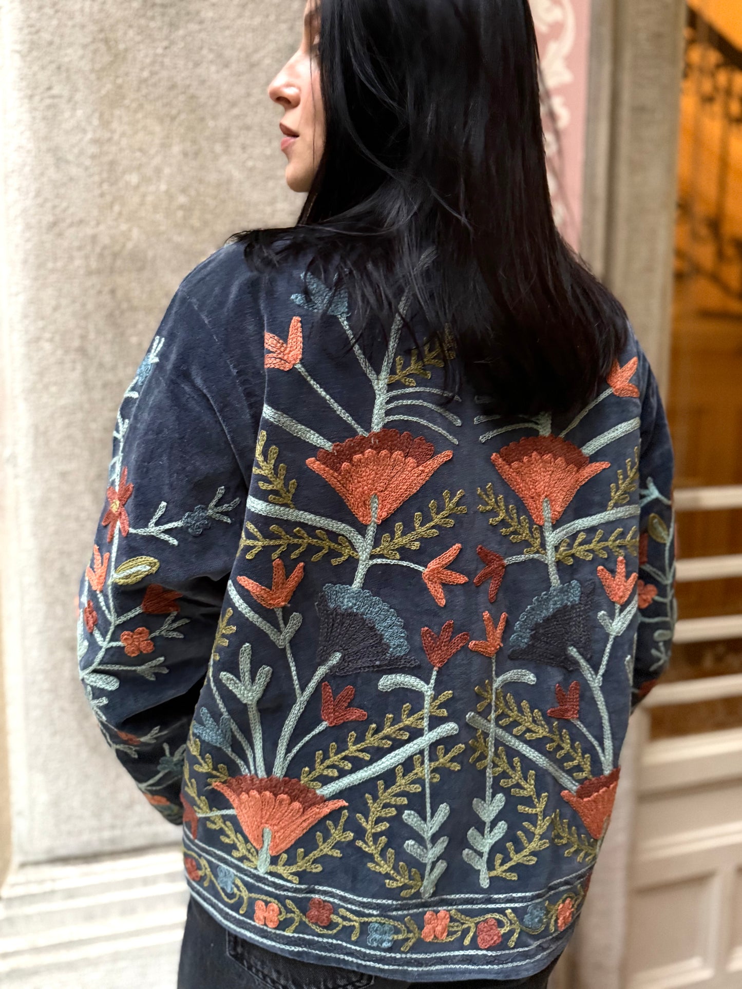 Velvet Suzani Embroidered Jacket - Grey One Size