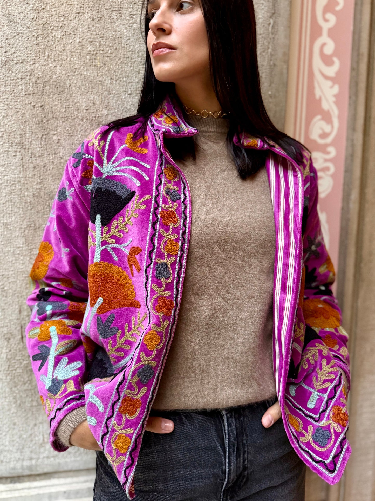 Suzani Giacca Kimono in velluto ricamata - Ciclamino
