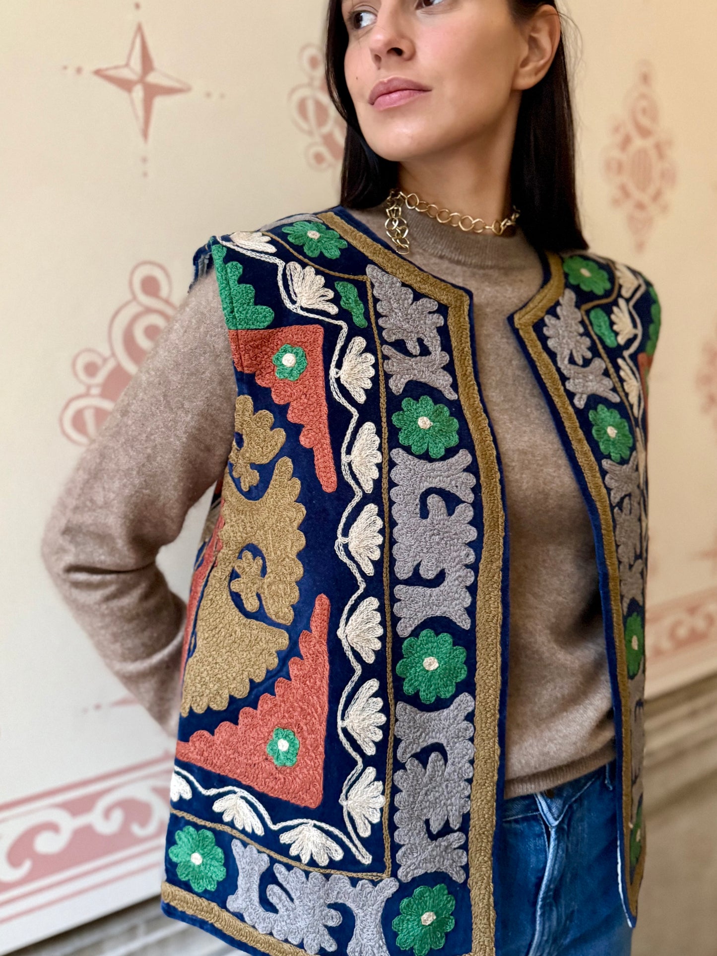 Cotton Embroidered Suzani Vest - Blue One Size