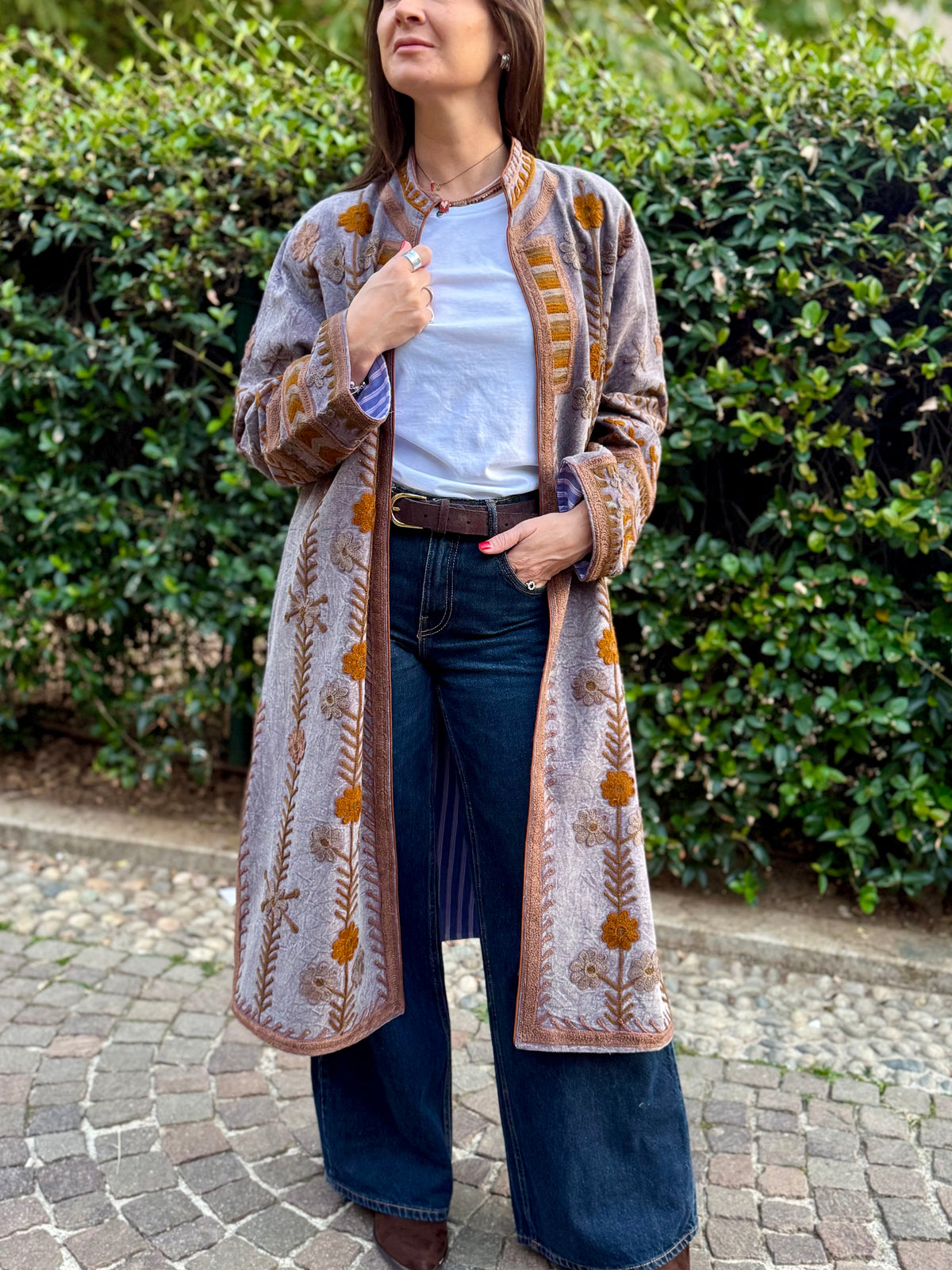 Embroidered Stone Washed Coat - One Size
