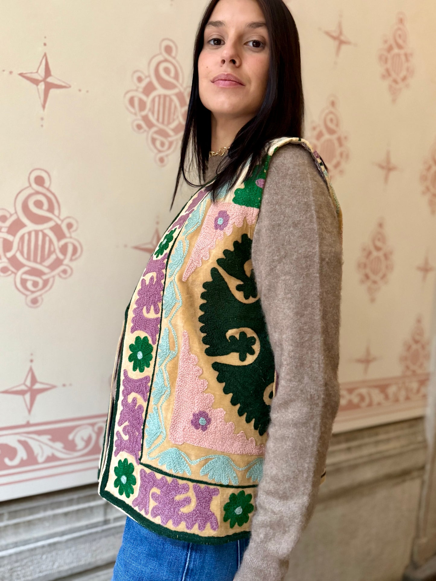 Cotton Embroidered Suzani Vest - Green Flower One Size