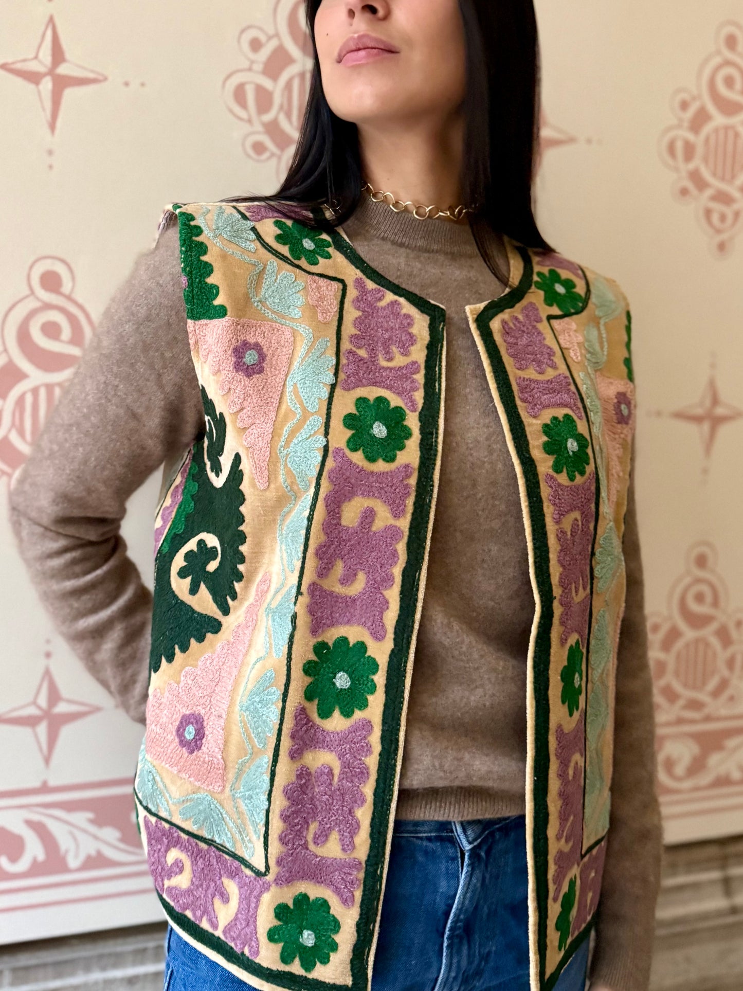 Cotton Embroidered Suzani Vest - Green Flower One Size