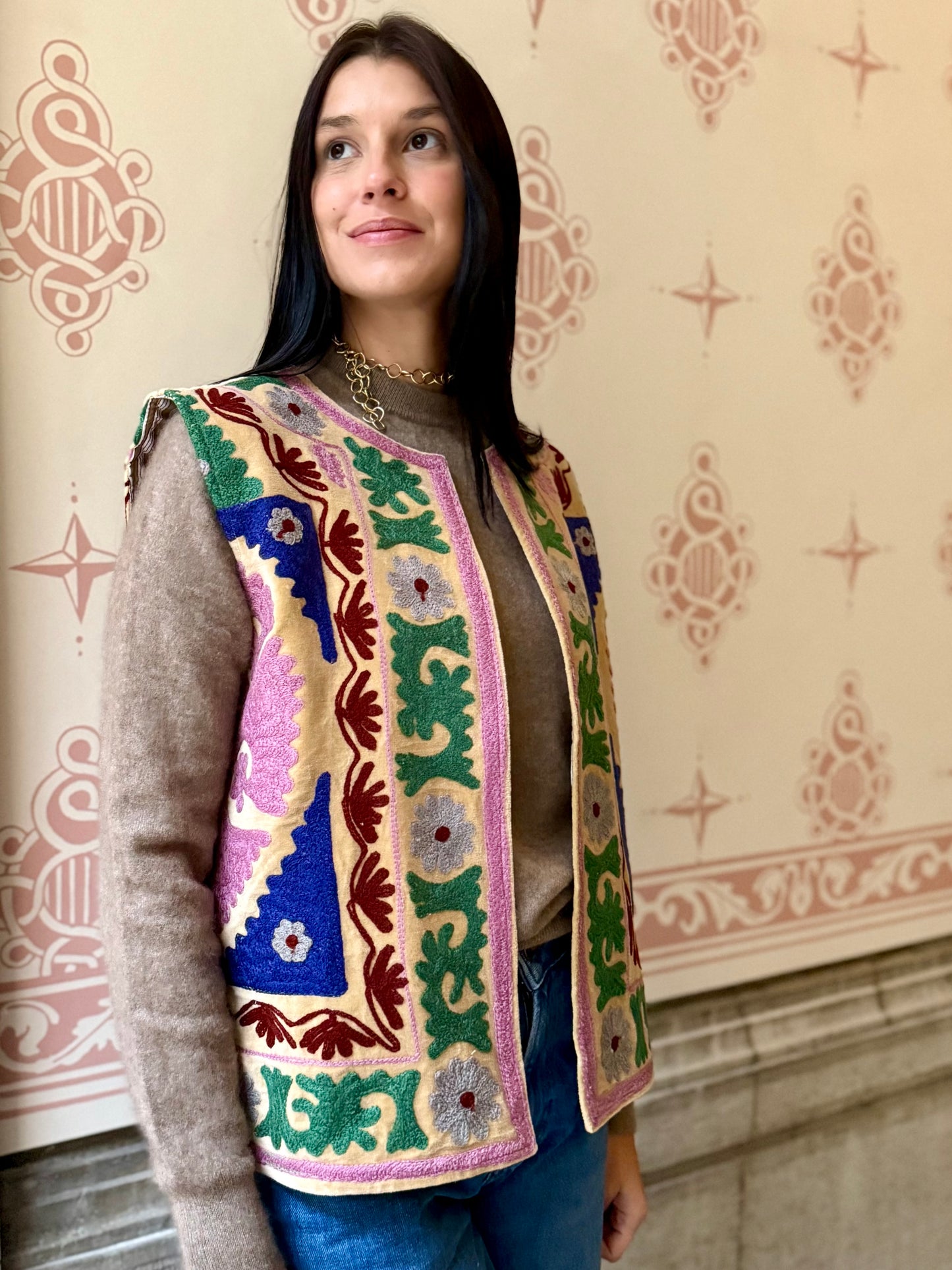 Cotton Embroidered Suzani Vest - Green Flower One Size