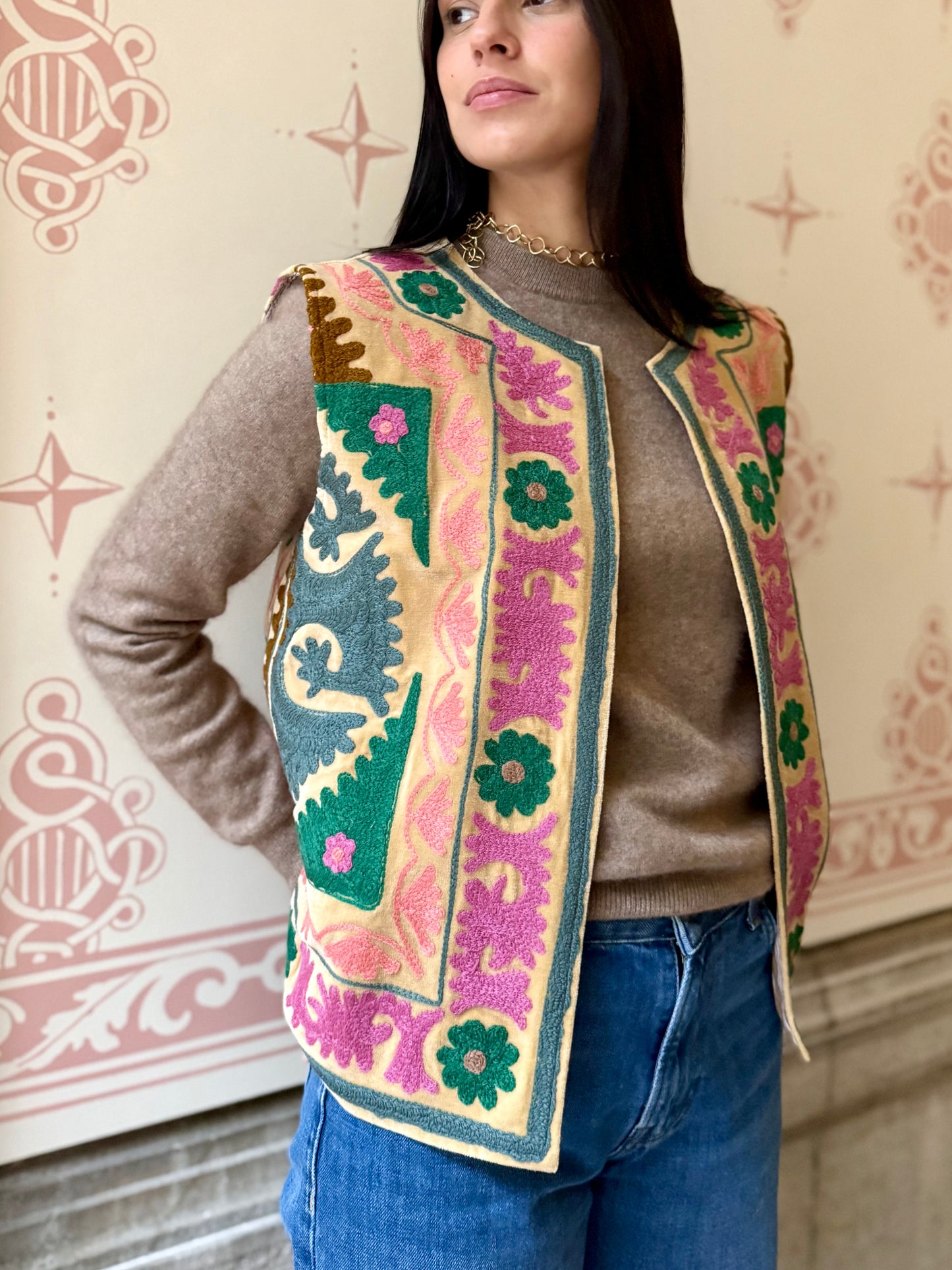 Cotton Embroidered Suzani Vest - Green Flower One Size