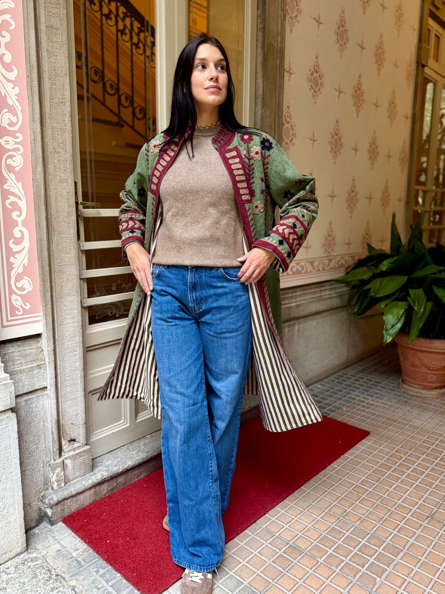 Embroidered Stone Washed Coat - One Size