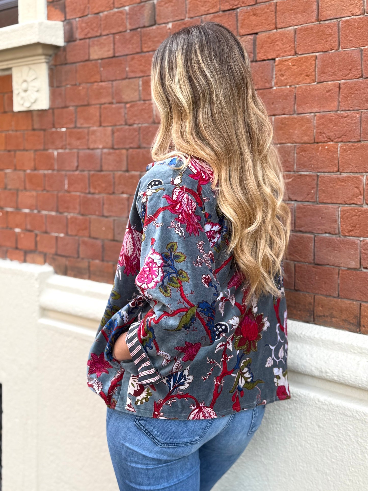 Velvet Kimono Jacket - Gray/Teal One Size