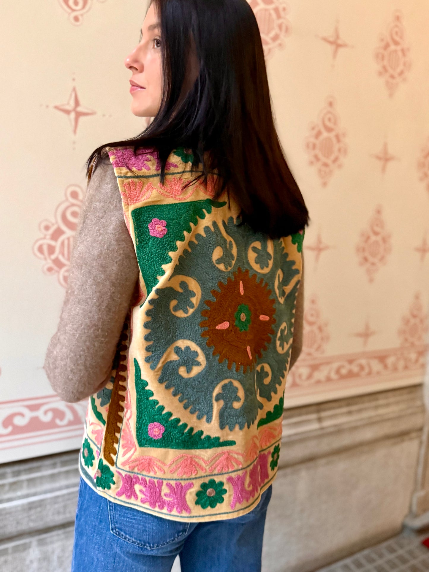 Cotton Embroidered Suzani Vest - Green Flower One Size