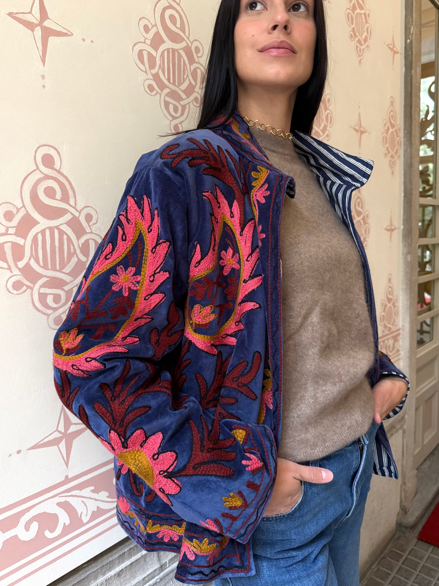 Flame Velvet Suzani Embroidered Jacket - Blue One Size