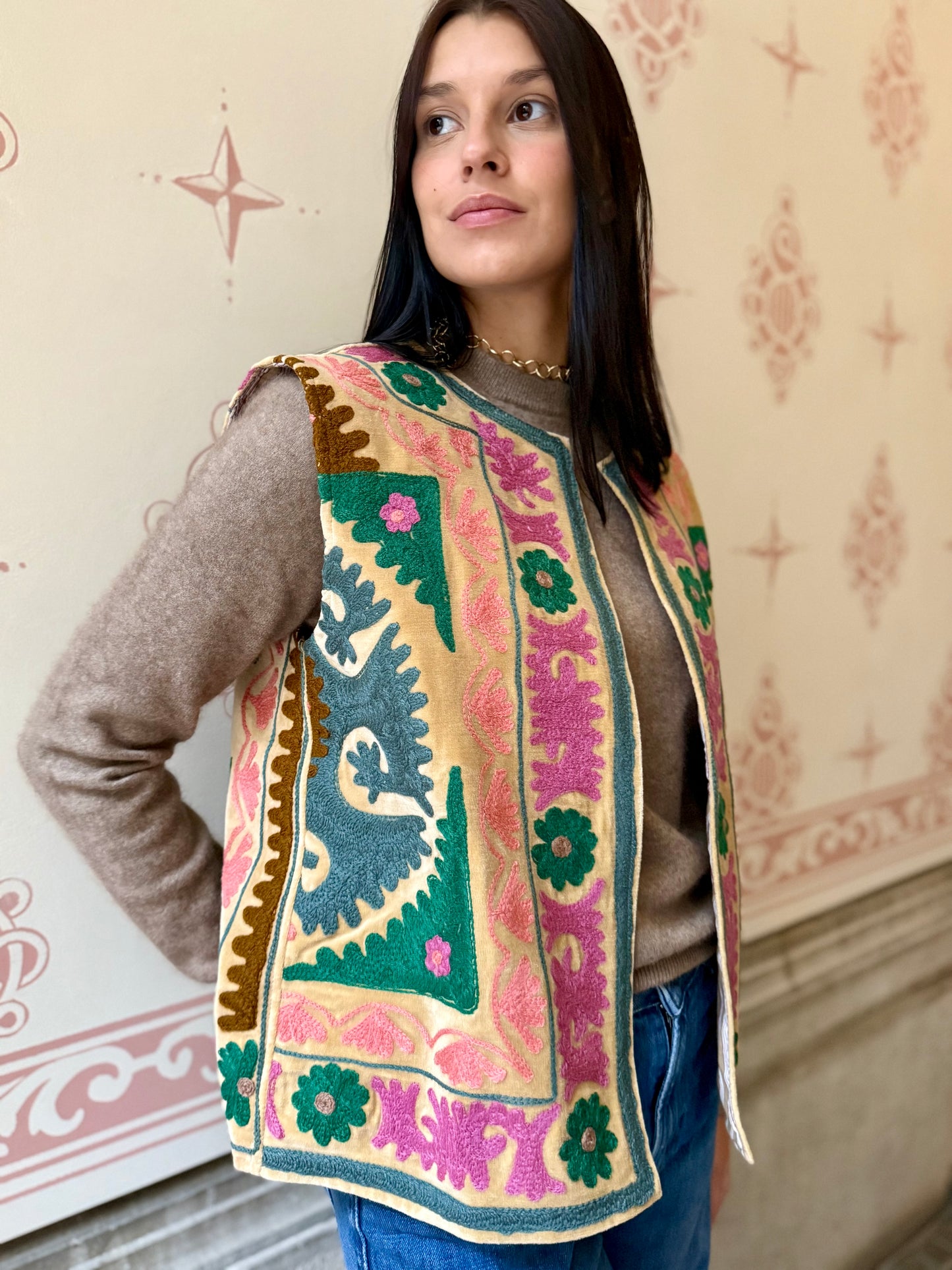 Cotton Embroidered Suzani Vest - Green Flower One Size