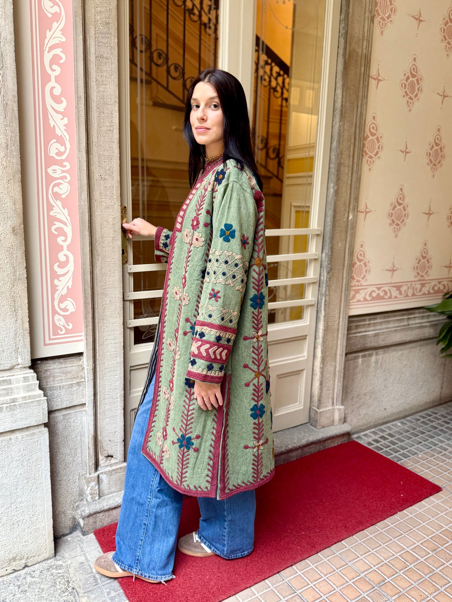 Embroidered Stone Washed Coat - One Size