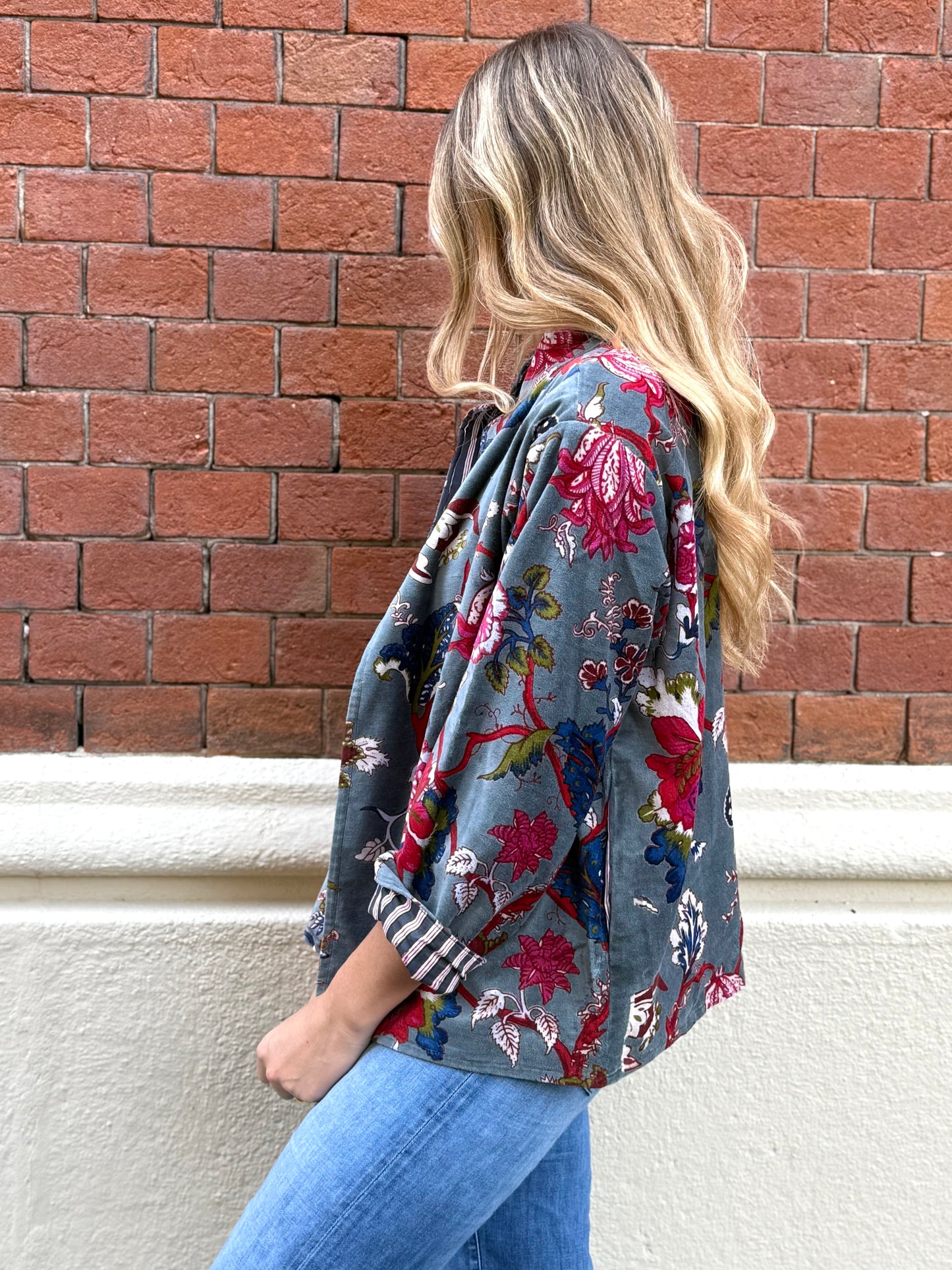 Velvet Kimono Jacket - Gray/Teal One Size