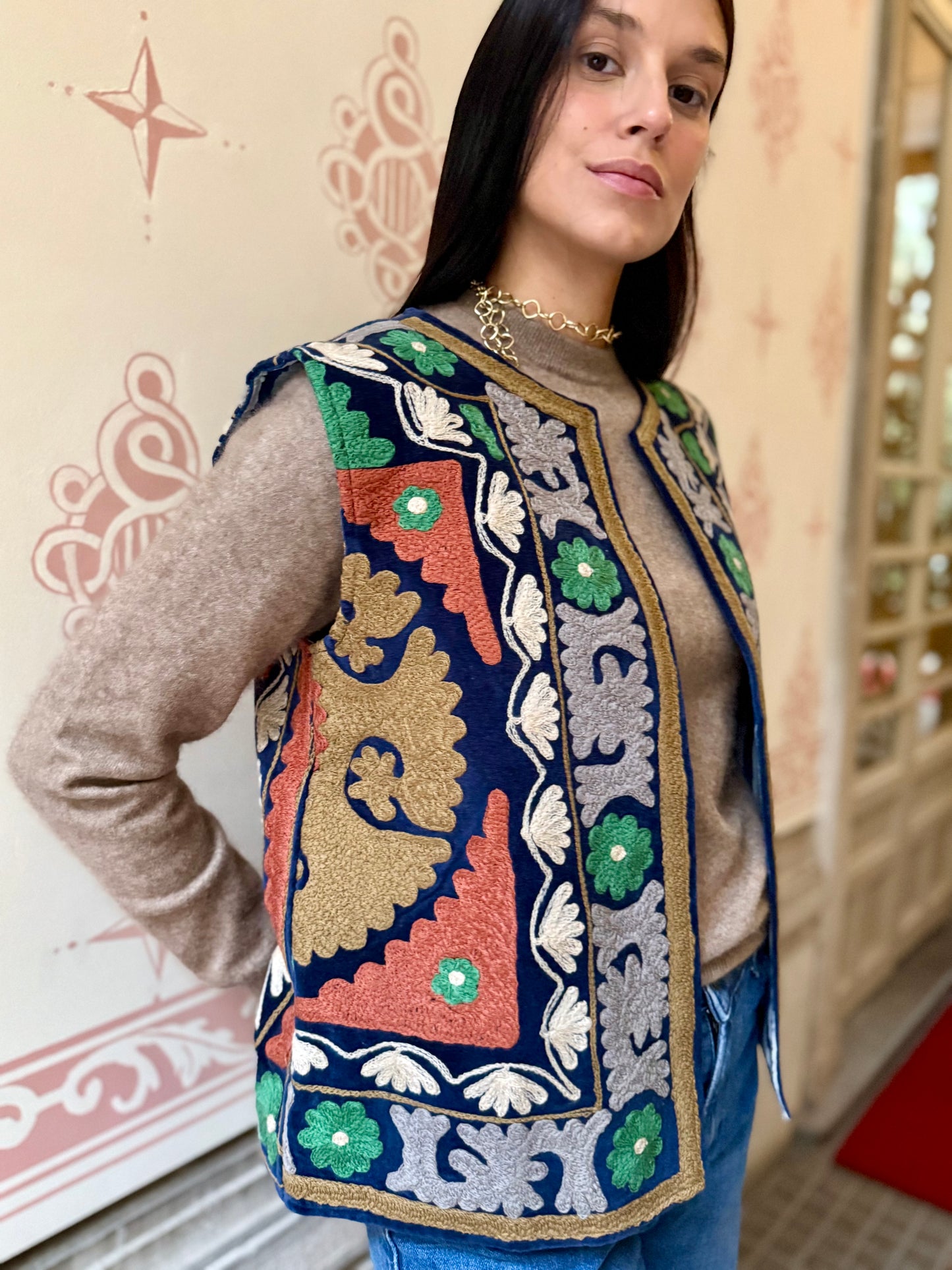 Cotton Embroidered Suzani Vest - Blue One Size