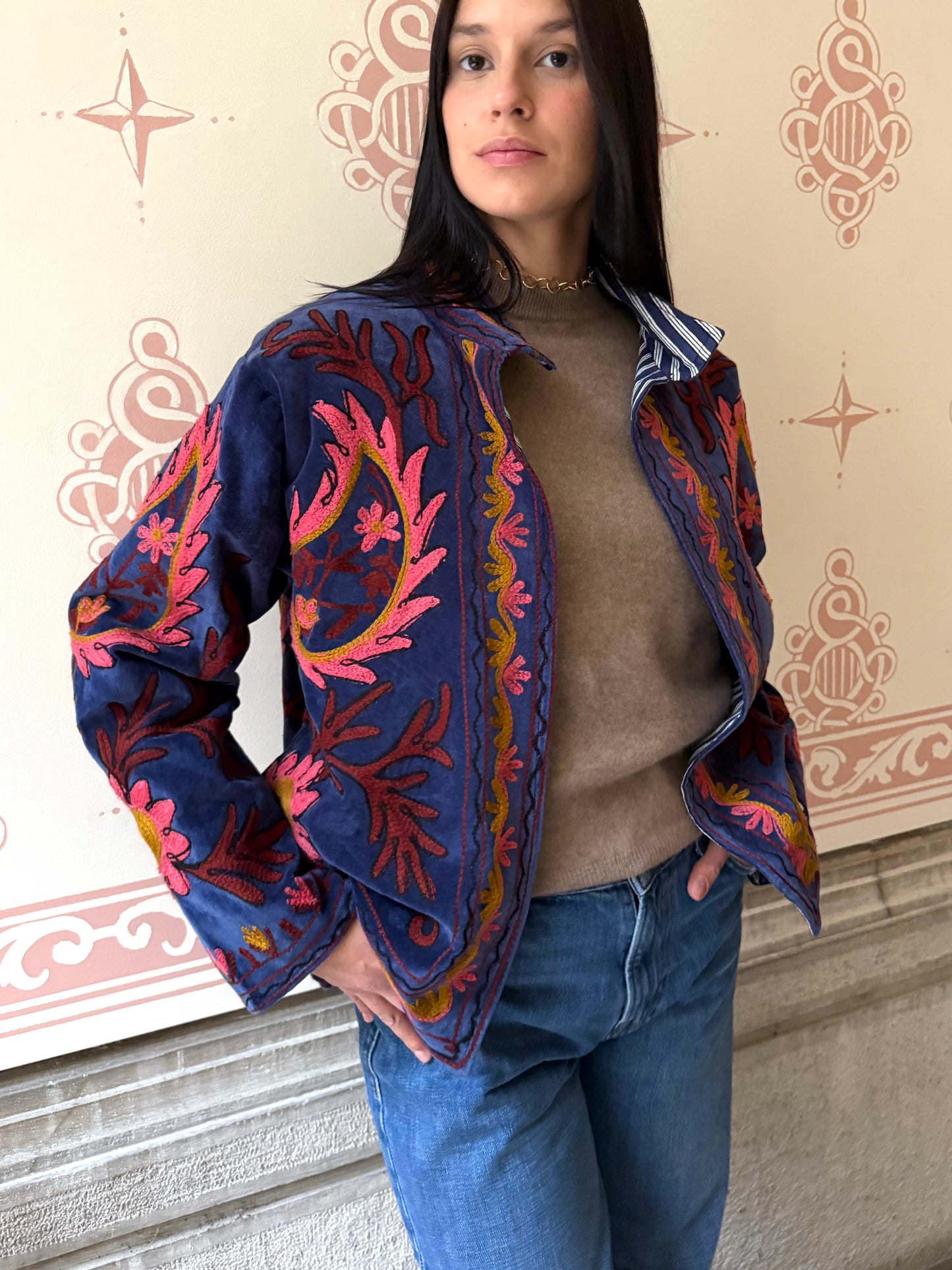 Flame Velvet Suzani Embroidered Jacket - Blue One Size